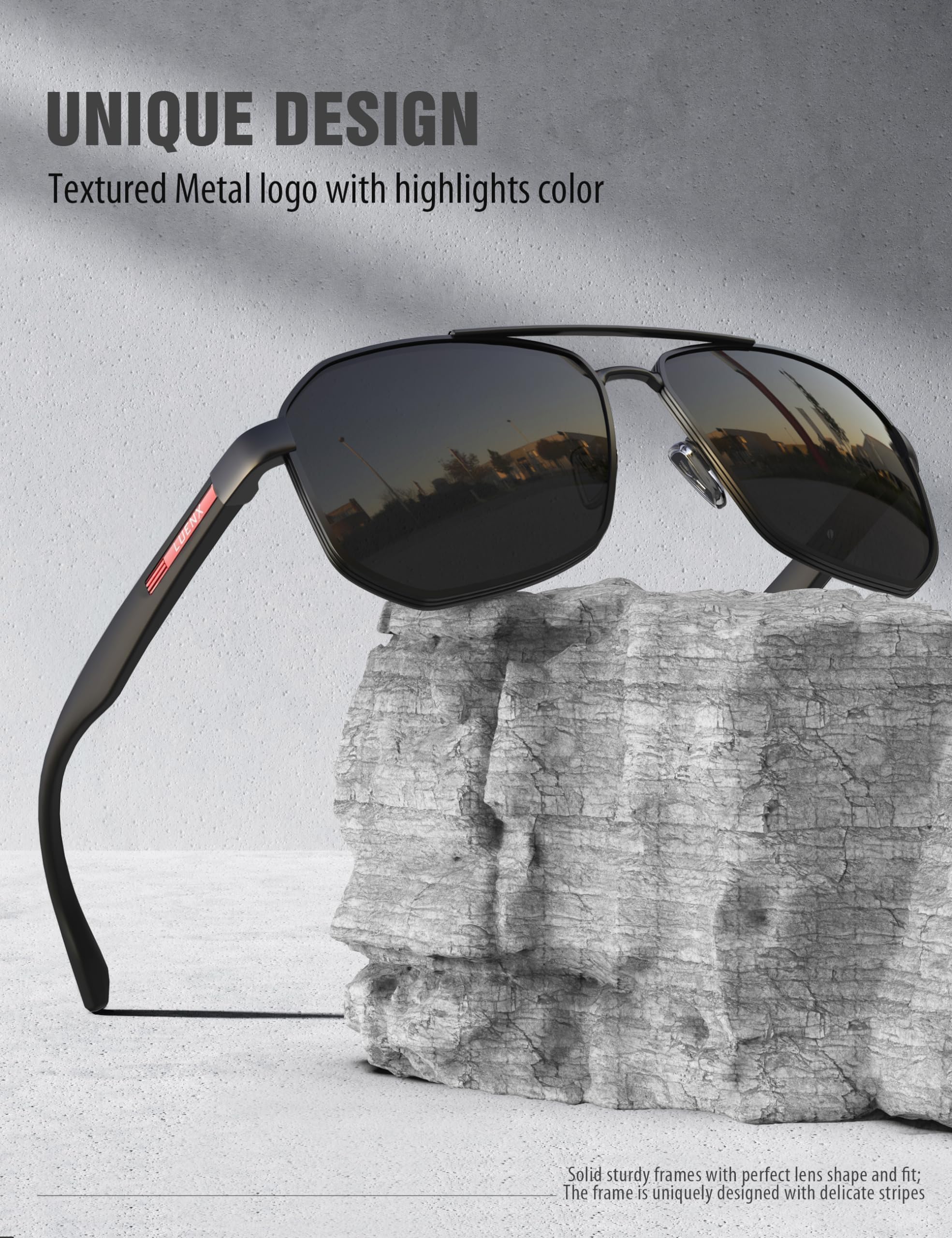 LUENX Aviator Sunglasses for Men Square Polarized Polygon Lens - UV 400 Protection with Accessories Driving Outdoor 61MM Black Lens
