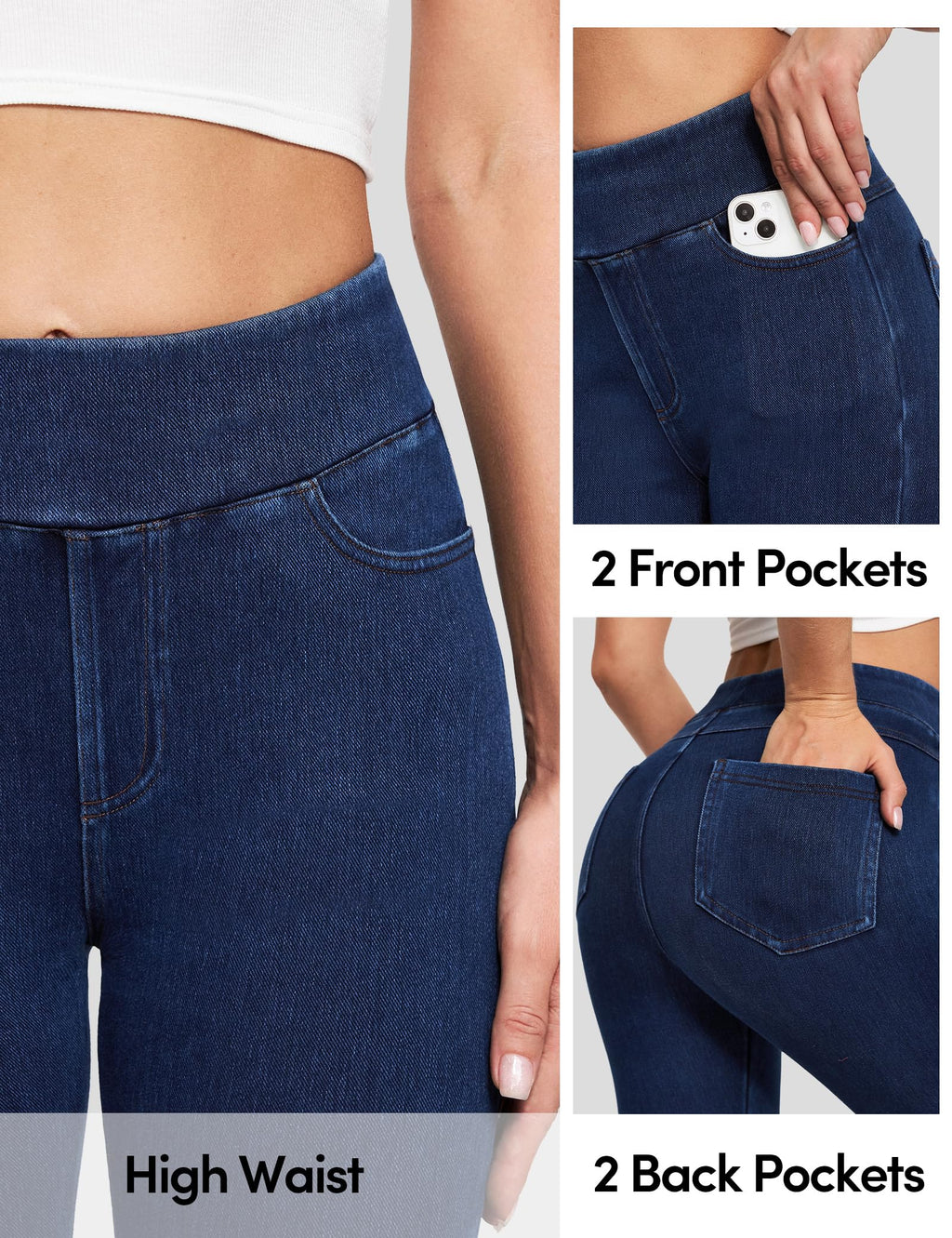 IUGA Stretchy Jeans for Women High Waist Jeggings Tummy Control Skinny Jeans Pull on Leggings with Pockets Trendy Casual(Dark Blue, Large)