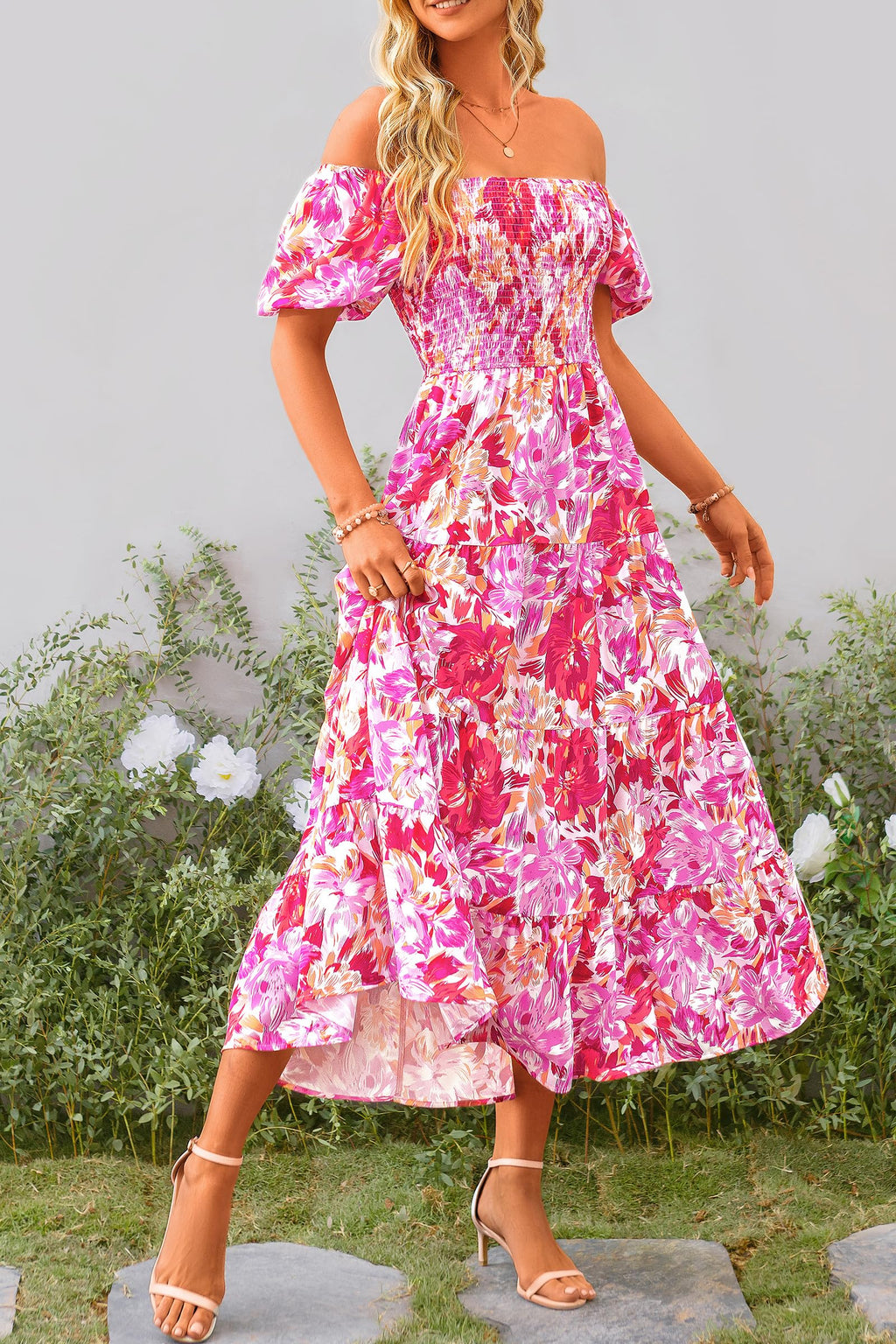 PRETTYGARDEN Women's Casual Summer Midi Dress Puffy Short Sleeve Square Neck Smocked Tiered Ruffle Dresses (Floral Rose Red,Large)