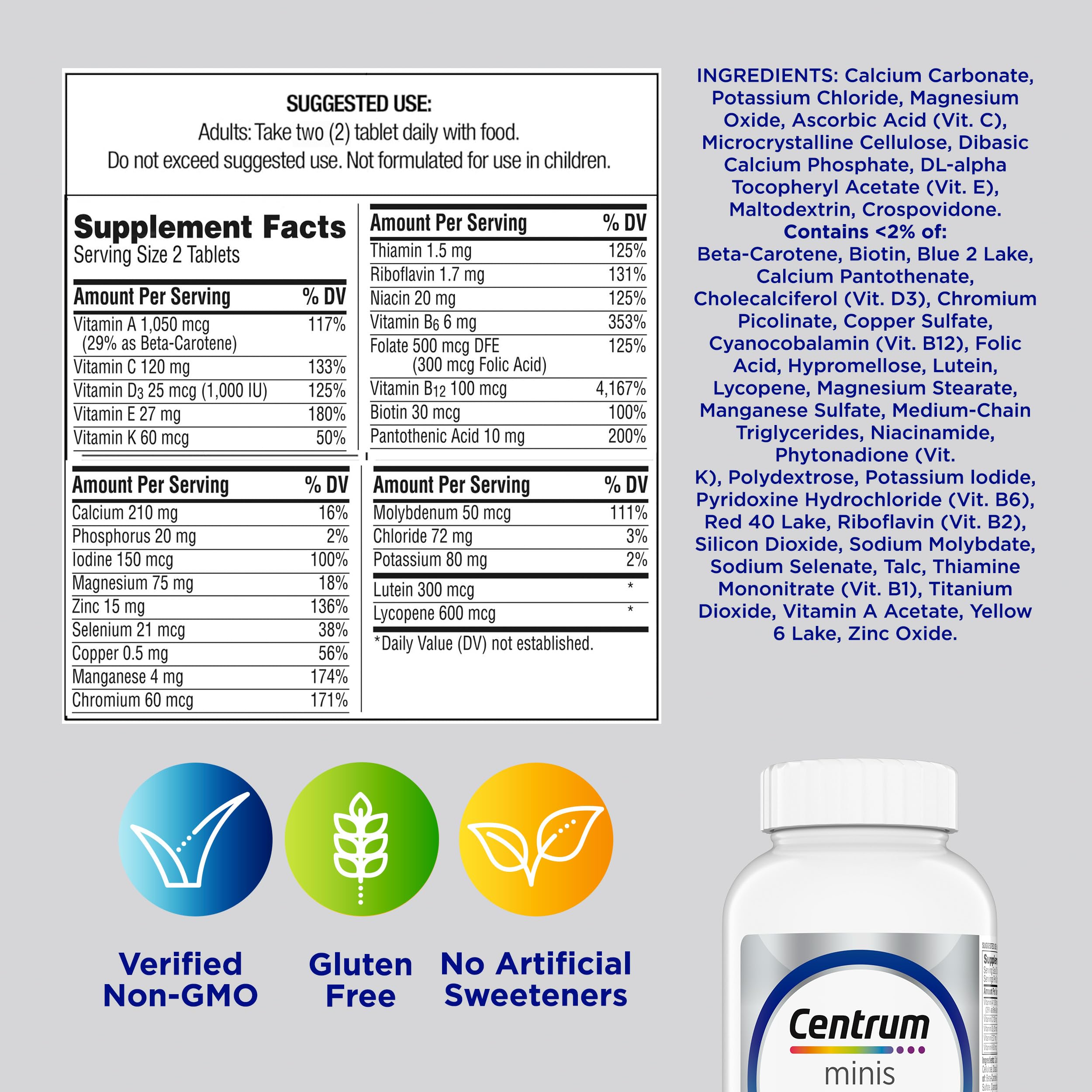 Centrum Minis Silver Multivitamin for Men 50 Plus, Multivitamin/Multimineral Supplement, Vitamin D3, B-Vitamins and Zinc, Non-GMO Ingredients, Supports Memory and Cognition in Older Adults - 280 Ct