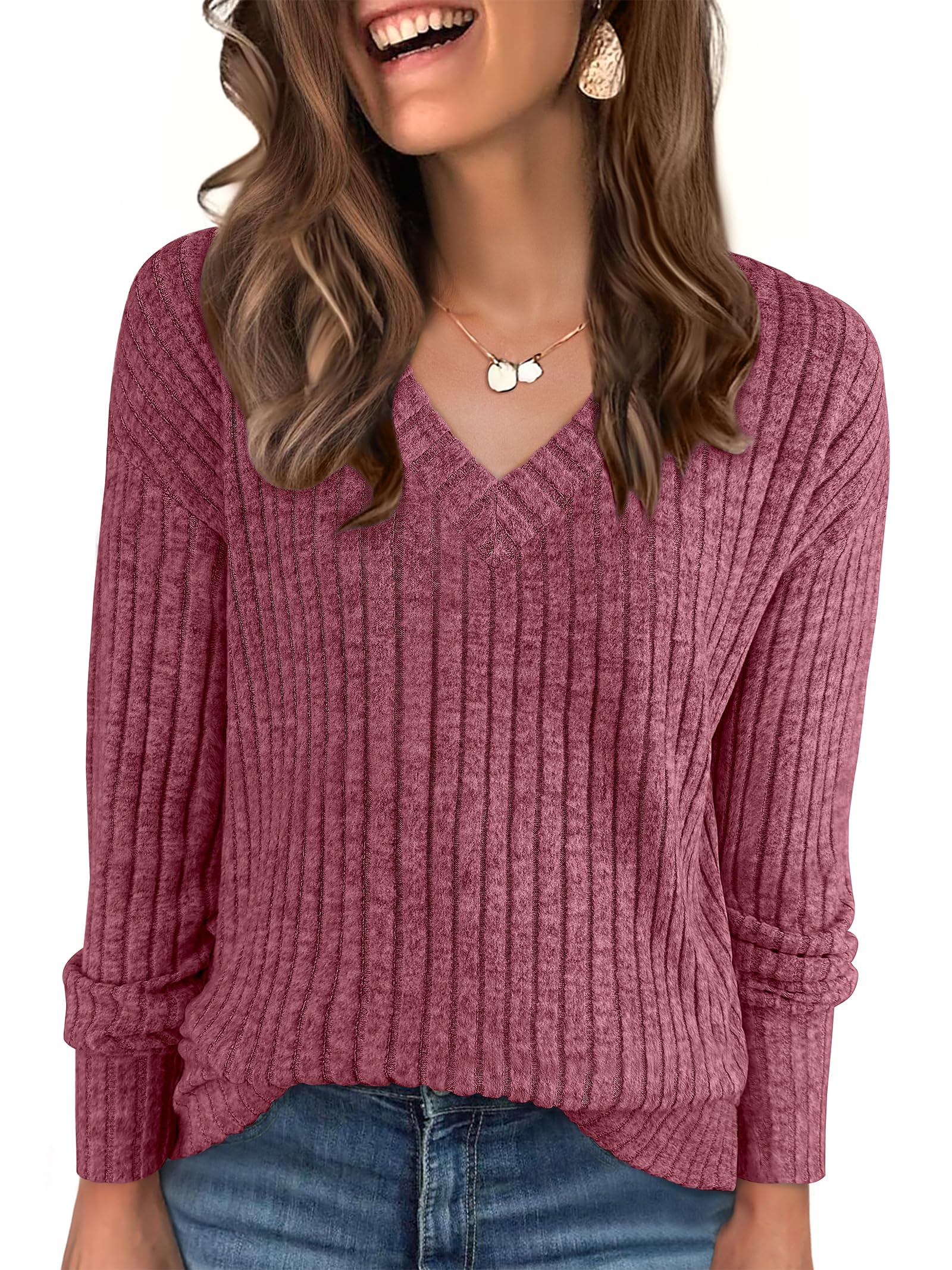 ANRABESS Long Sleeve Shirts for Women V Neck Casual Fall Tops Loose Fit Lightweight Sweaters Tunic Fashion 2025 Clothes Red Medium