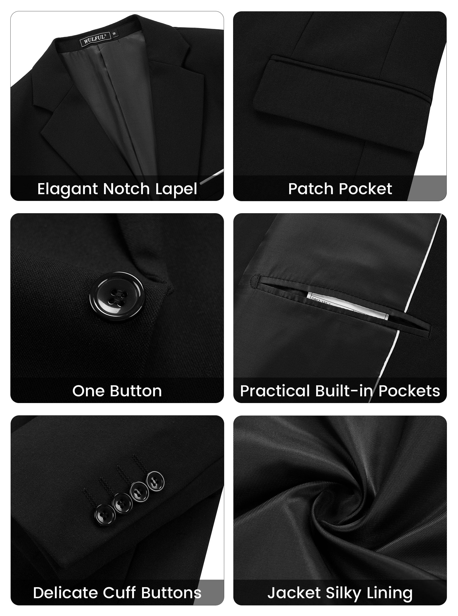 WULFUL Mens Suit 3 Piece Slim Fit Suits for Men One Button Blazer Jacket Pants Tuxedo Suit Set for Prom, Wedding and Business Black