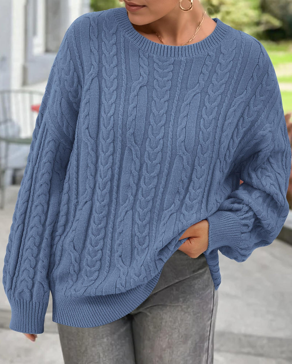 KIRUNDO Oversized Chunky Cable Knit Sweater Women 2026 Fall Fashion Cozy Long Sleeve Crewneck Pullover Winter Clothing(Blue, Medium)