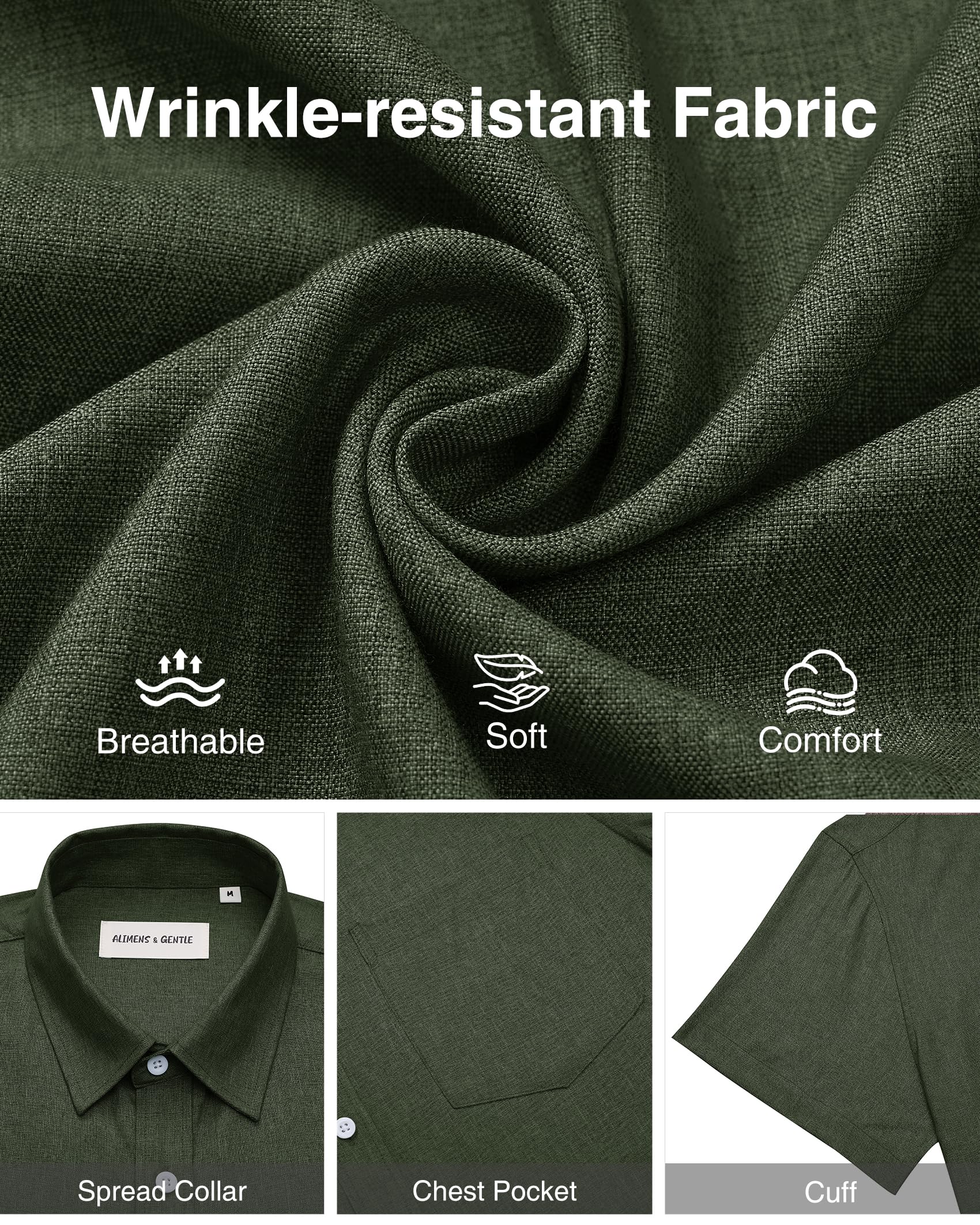 Alimens & Gentle Mens Linen Shirts Short Sleeve Button Down Shirts Wrinkle Free Casual Vacation Beach Summer Tops,Olive Green,M