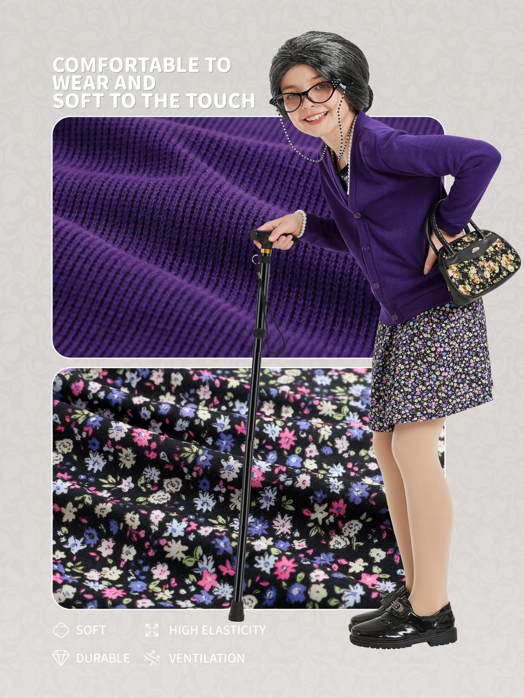 Gnodio Old Lady Costume for Kids 100 Days of School Costume for Girls 100th Day of School Granny Old Lady Dress Up Accessory Purple 5-7X