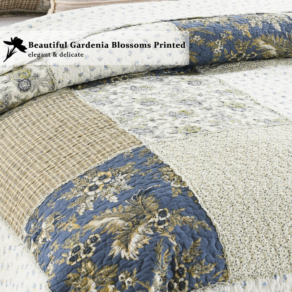 Yvooxny Quilt Set King Size Reversible Country Farmhouse Floral Real Patchwork Quilted Bedspread 3-Piece Quilt Set with Pillowcases with Ruffles for All Seasons, 96 x 108 Inches