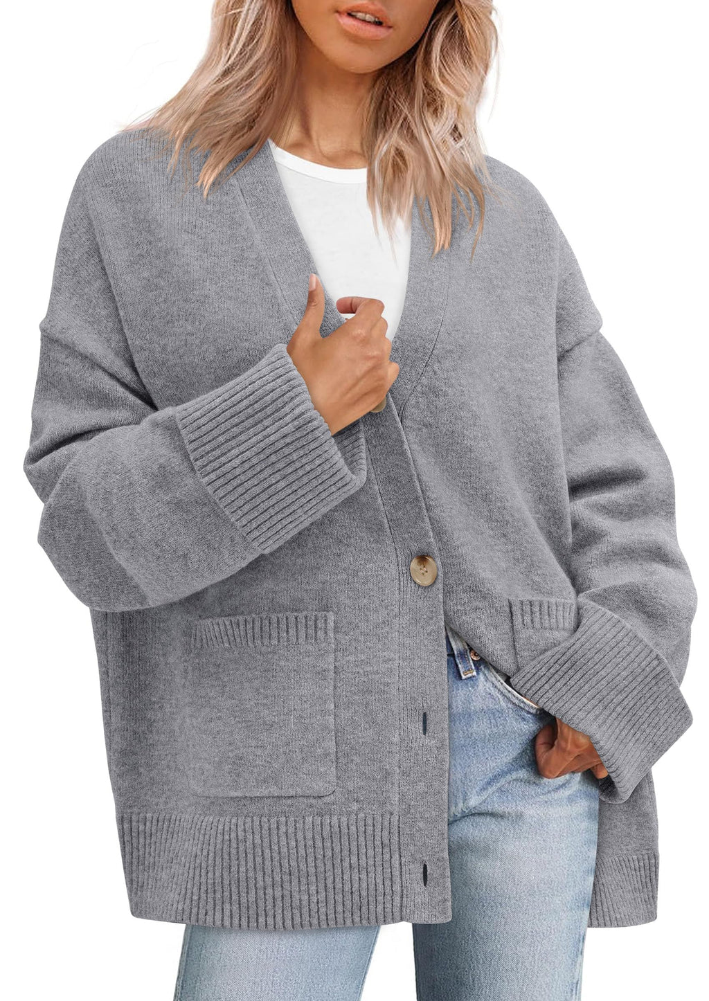 PRETTYGARDEN Women's 2026 Oversized Cardigan Sweaters Trendy Chunky Knit Long Sleeve V Neck Button Down Fall Winter Outfits (Grey,Small)