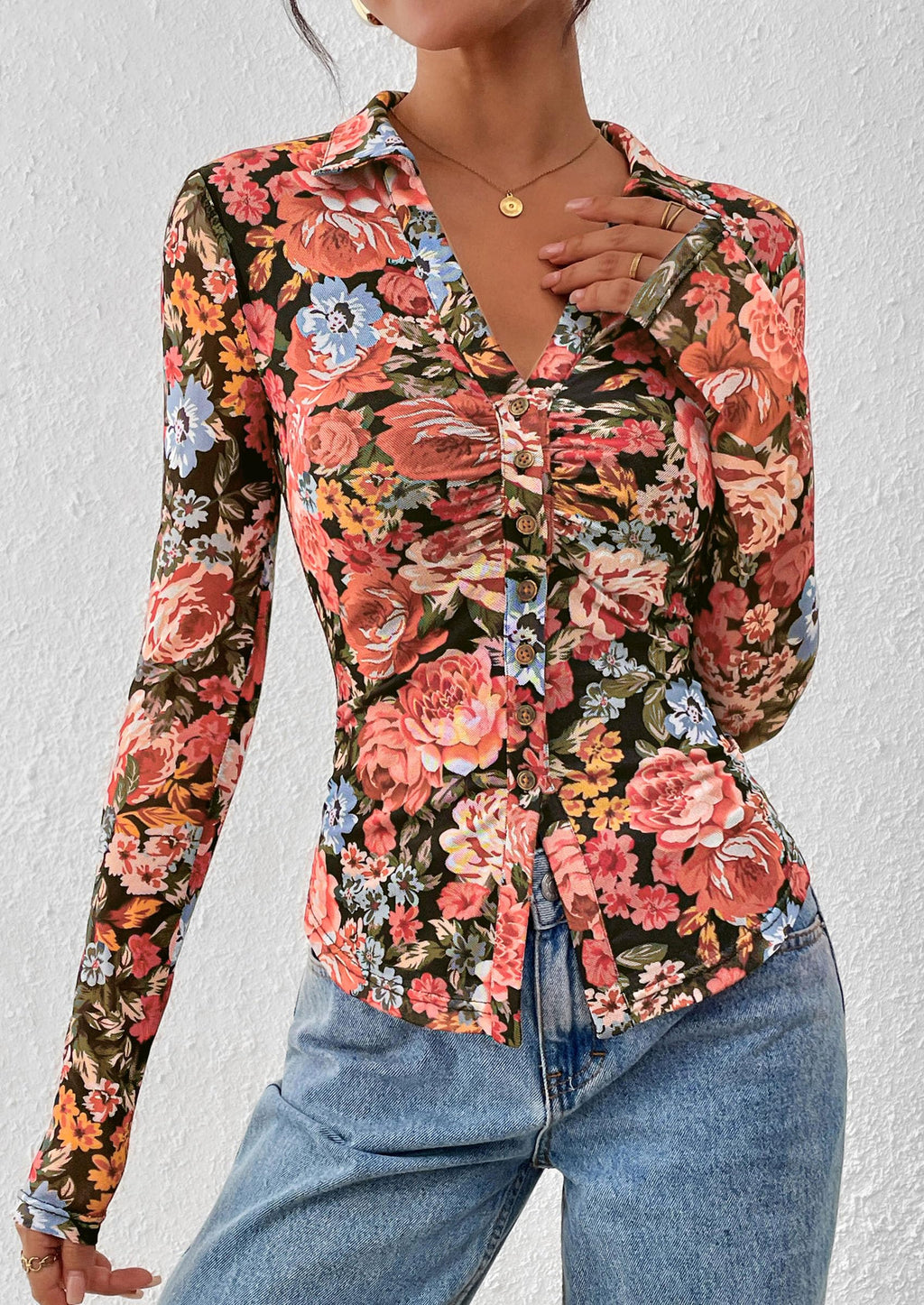 PRETTYGARDEN Women Button Down Floral Shirts 2026 Fall Trendy Long Sleeve V Neck Mesh Boho Blouse Spring Tops Date Outfits (Black Floral,Large)