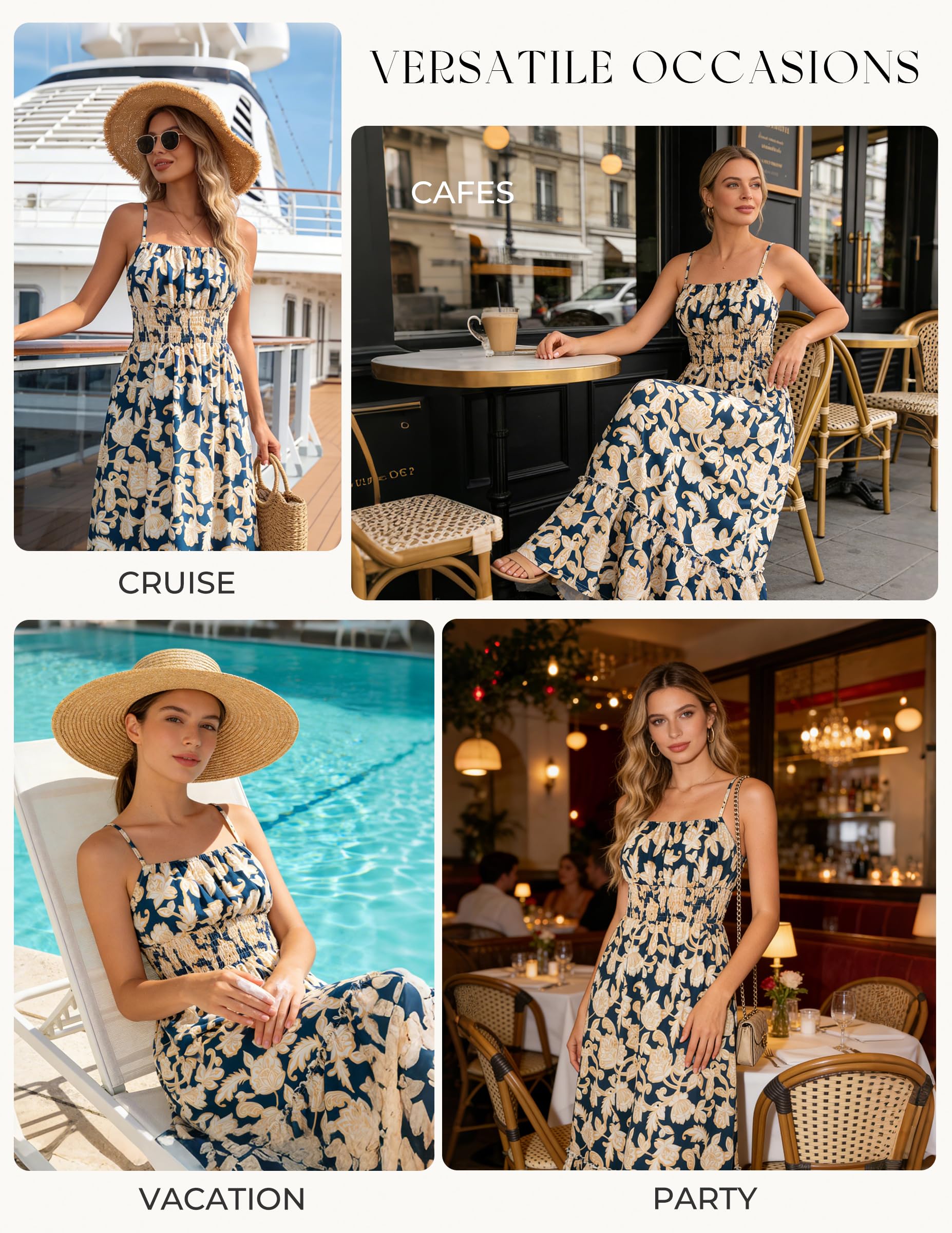 GRACE KARIN Summer Dresses for Women 2026 Vacation,Smocked Floral Maxi Dresses,Boho Beach Long Sundress Navy Flower M