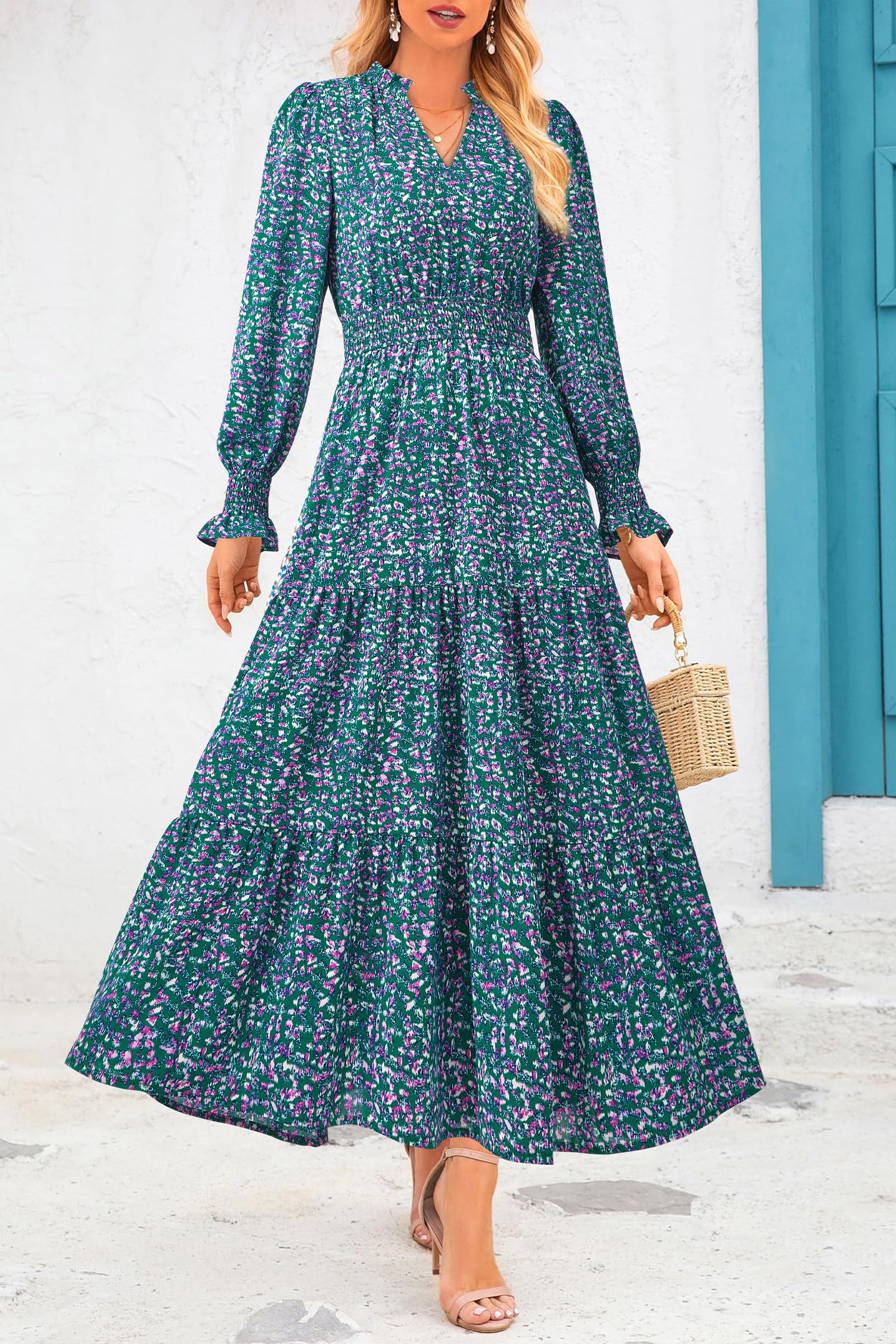 PRETTYGARDEN Women's Floral Maxi Dress 2026 Fall Long Sleeve V Neck A Line Long Flowy Spring Party Boho Dresses (Floral Purple Green,Medium)