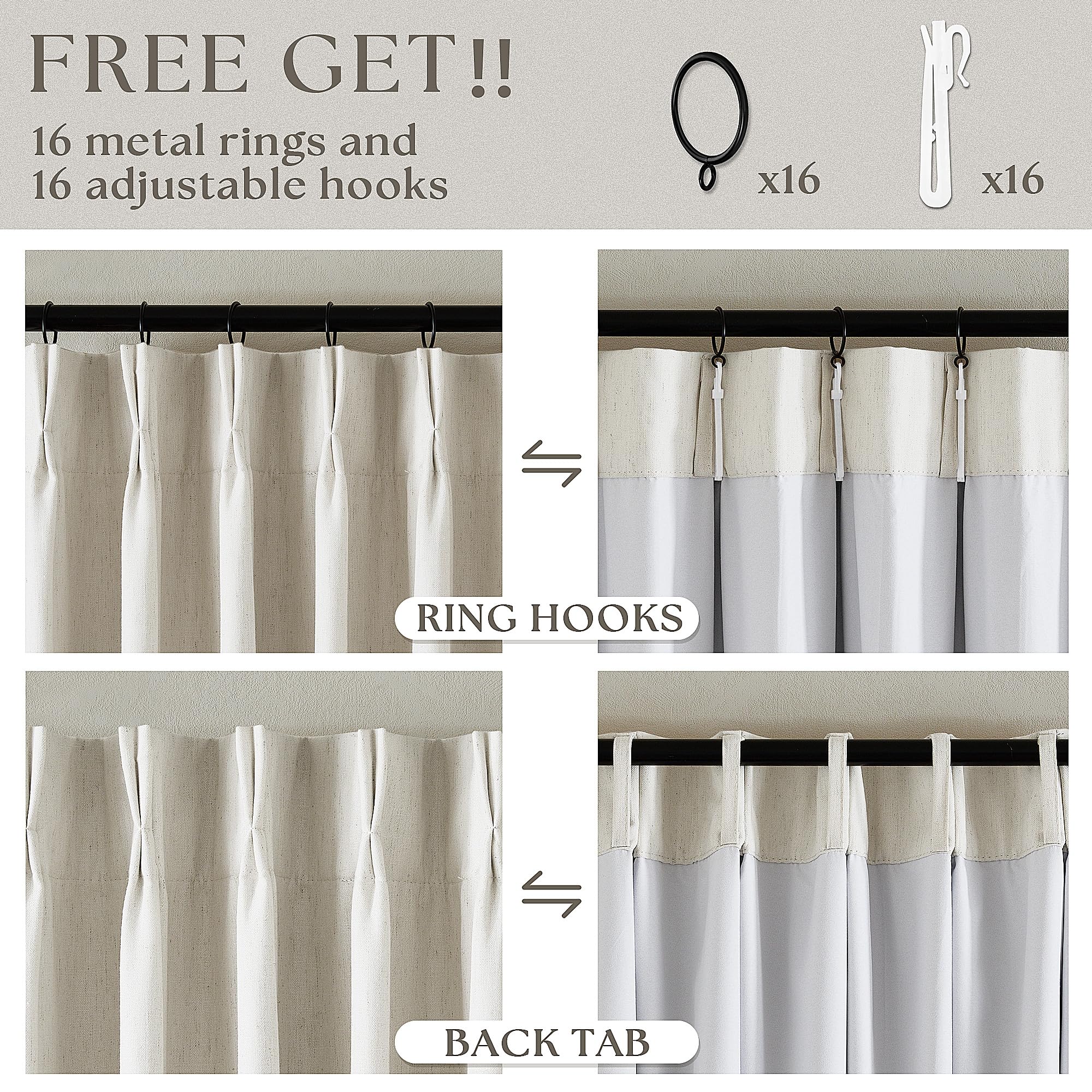 Natural Linen 100% Black Out Pinch Pleated Curtains 108 Inches Long 2 Panels Set for Bedroom Cream Back Tab Thermal Insulated Energy Efficient Blackout Curtains Living Room High Ceiling Length 9 Ft