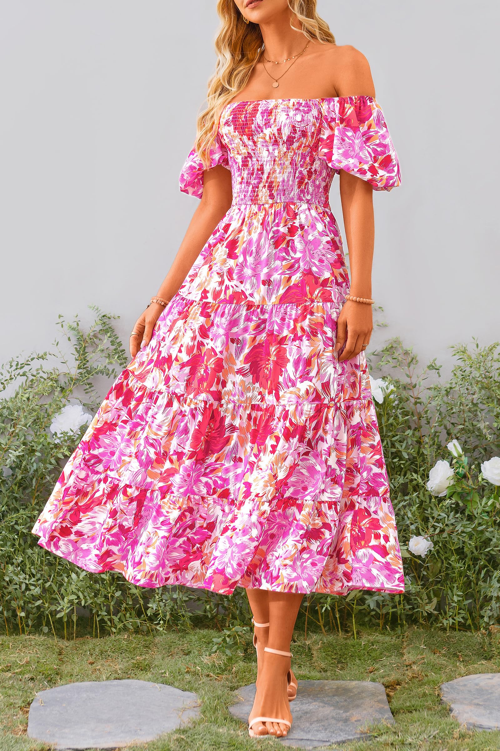 PRETTYGARDEN Women's Casual Summer Midi Dress Puffy Short Sleeve Square Neck Smocked Tiered Ruffle Dresses (Floral Rose Red,Large)