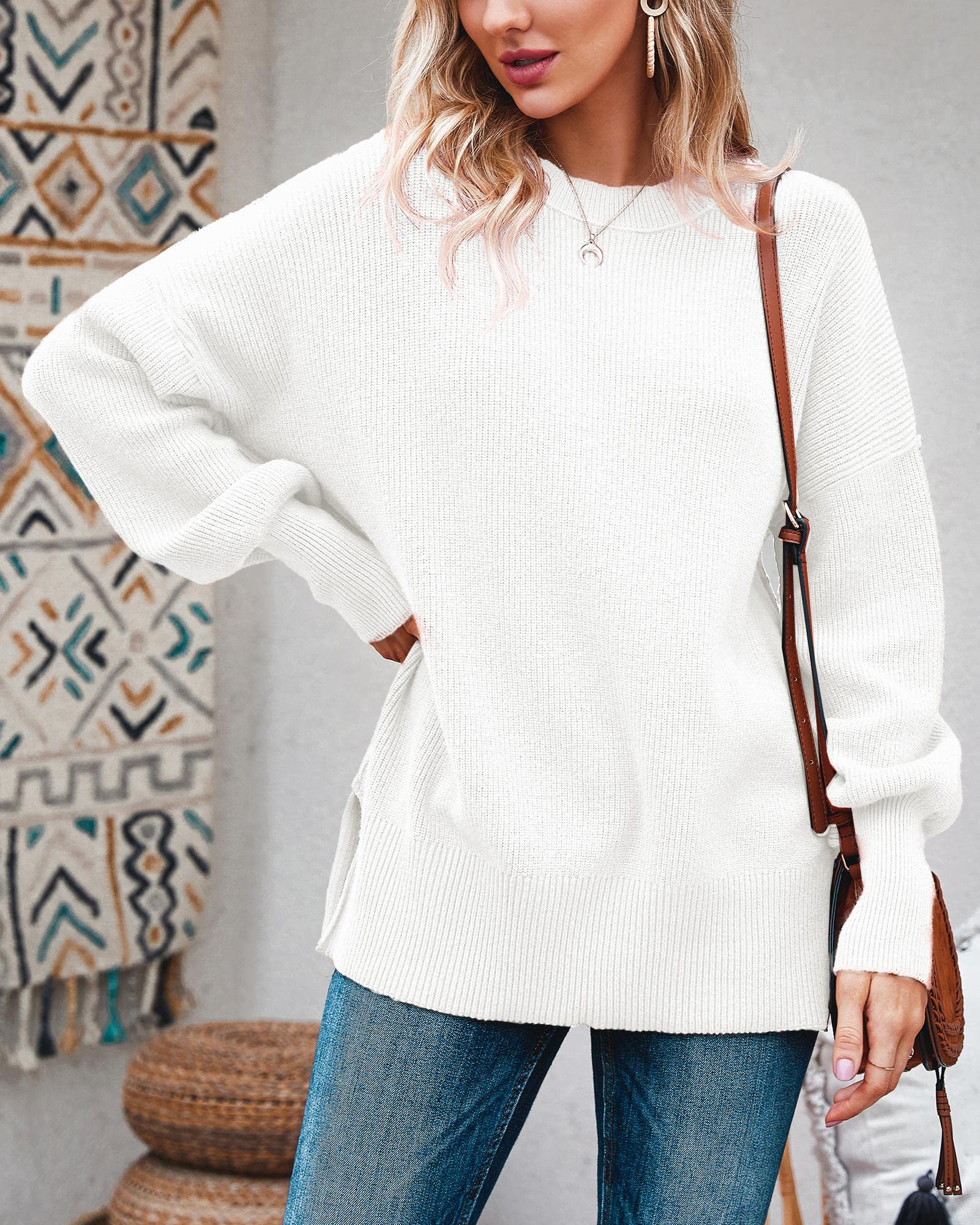 Imily Bela Womens Oversized Tunic Sweaters Fall Slouchy Long Sleeve Ribbed Knit Side Slit Pullover Jumper White