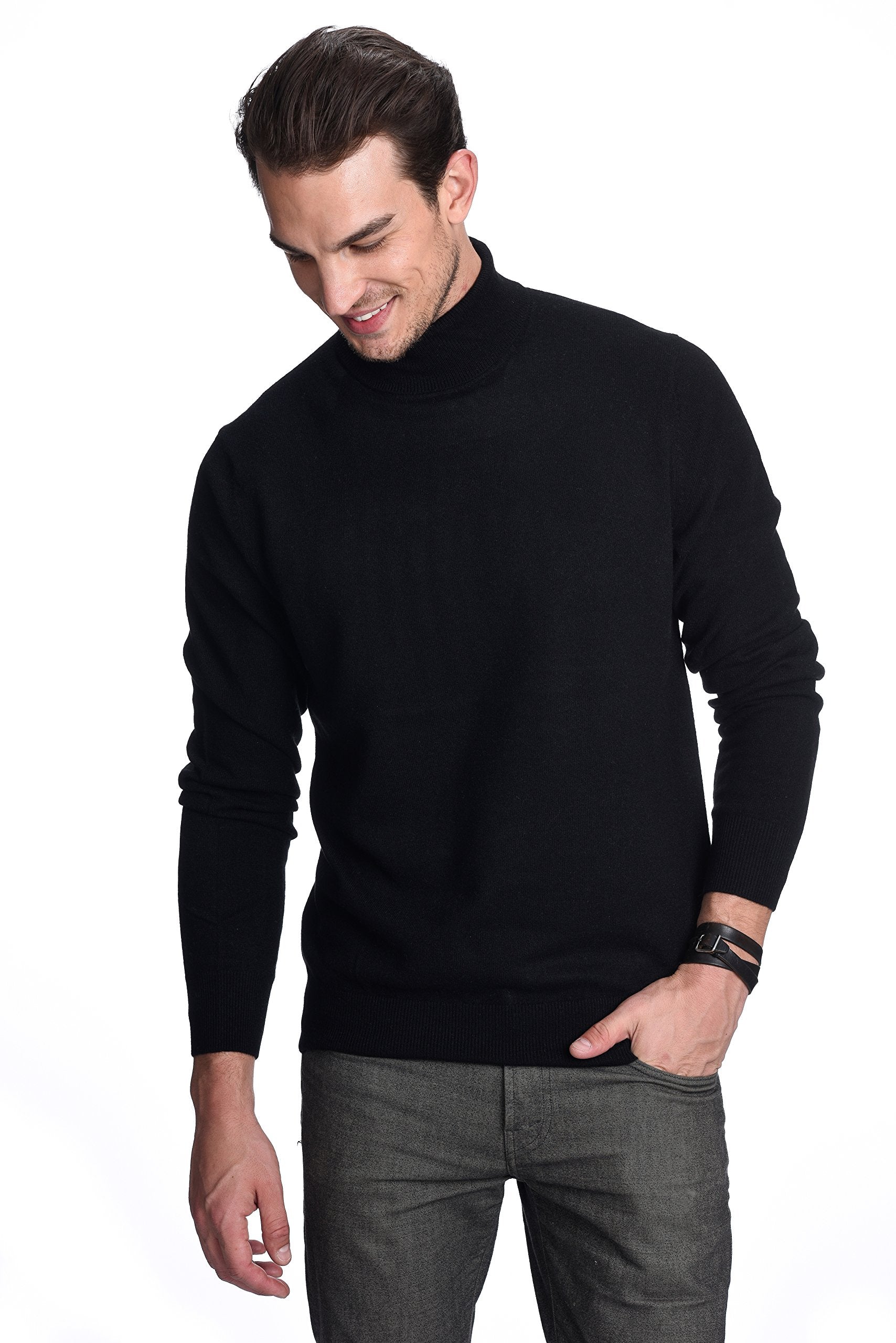 State Cashmere Men's Essential Turtleneck Sweater 100% Pure Cashmere Classic Long Sleeve Pullover (Black, Large)