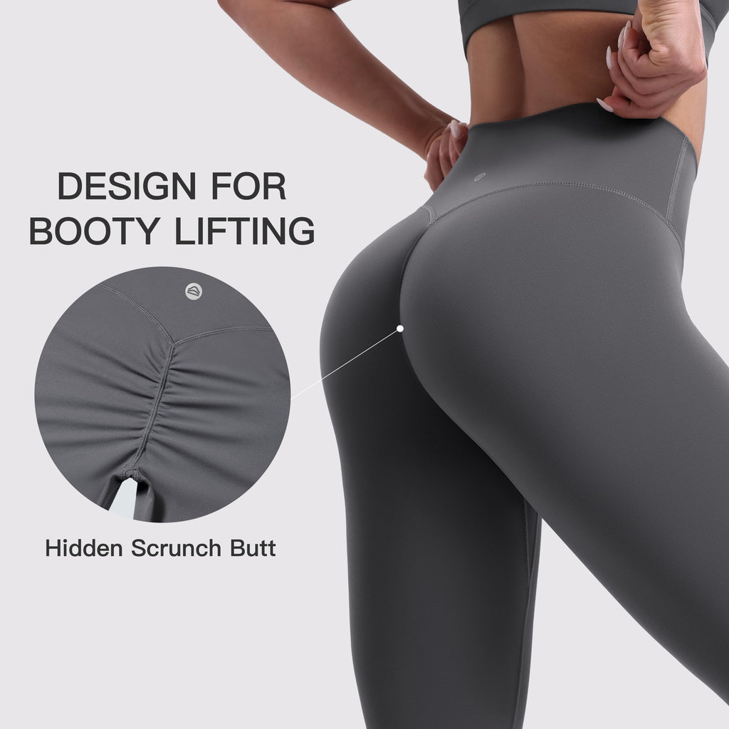 ENERBLOOM Women's Workout Leggings Yoga Pants No Front Seam 25"/28" High Waisted Hidden Scrunch Butt Athletic Gym Tights 25" Grey Large