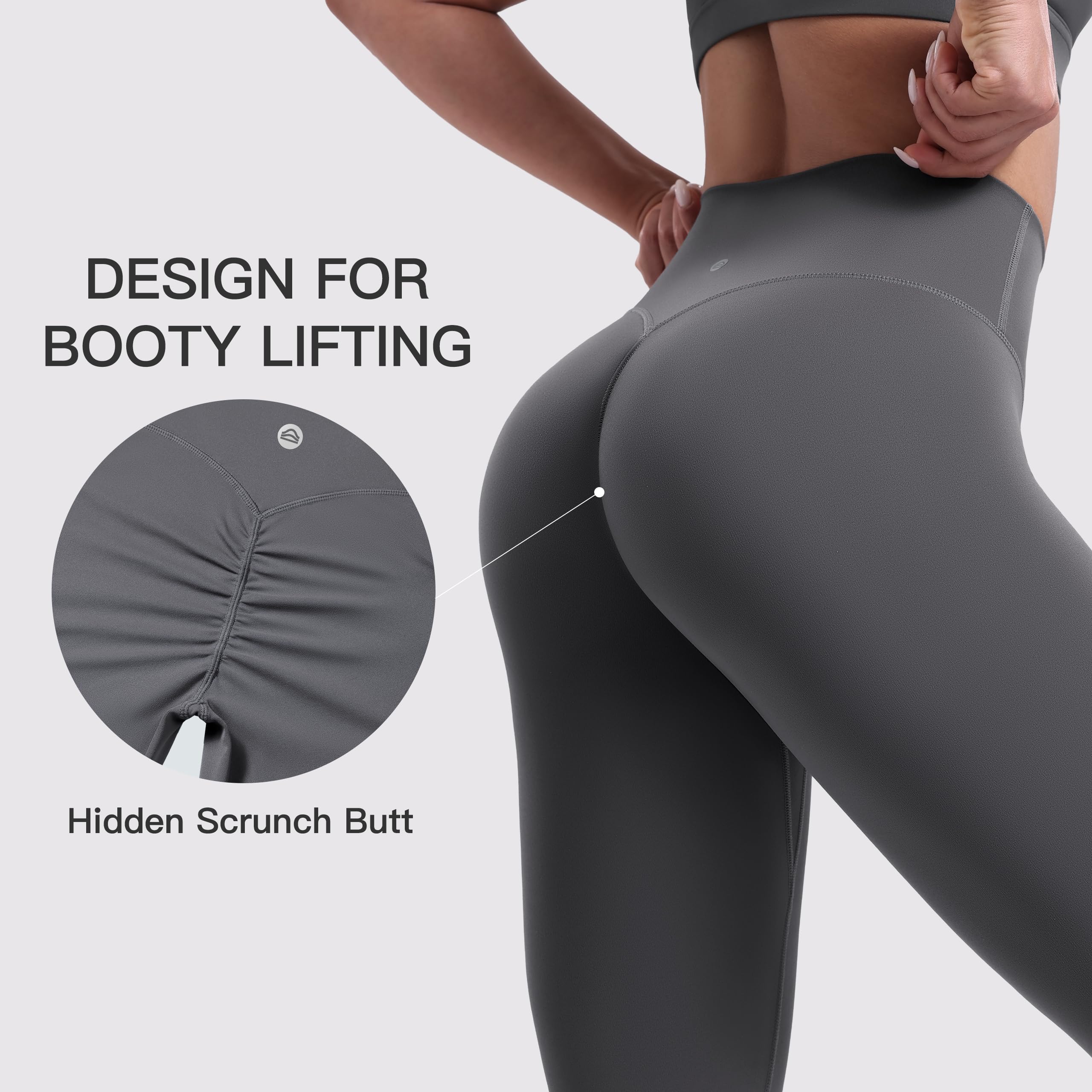 ENERBLOOM Women's Workout Leggings Yoga Pants No Front Seam 25"/28" High Waisted Hidden Scrunch Butt Athletic Gym Tights 25" Grey Large