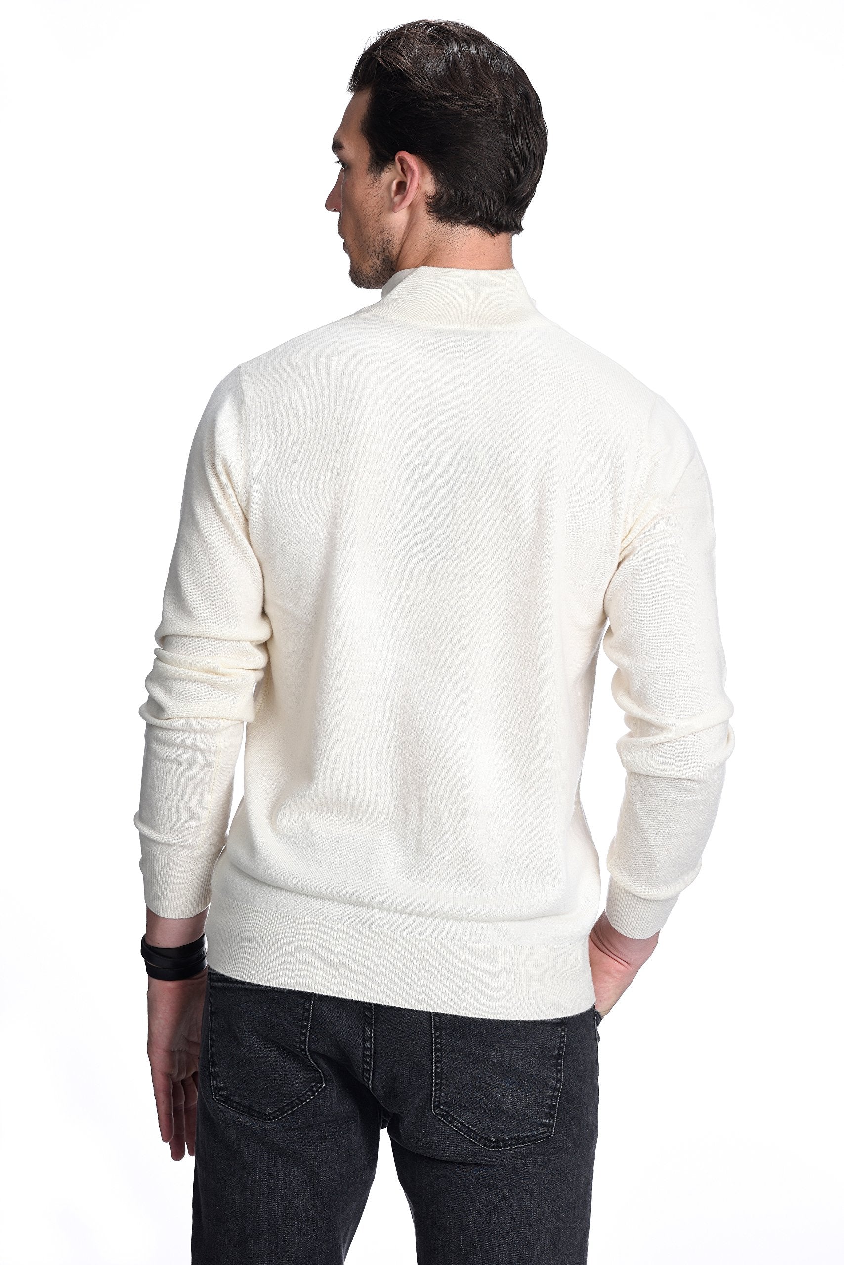 State Cashmere Men's Half Zip Mock Neck Sweater 100% Pure Cashmere Polo Neck Pullover (Undyed White, Medium)