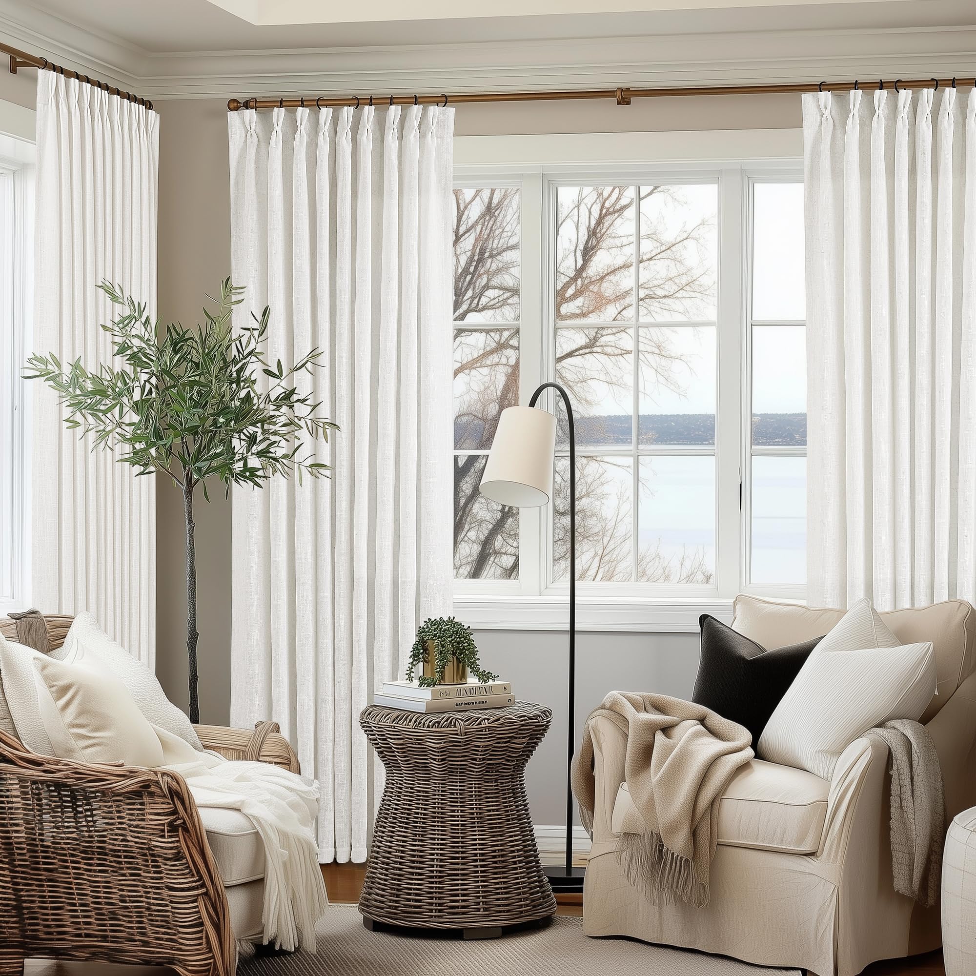 Pinch Pleated Linen 120 Inch Curtains 60 Inch Width for Living Room Light Filtering Ivory Beige White Extra Wide Patio Curtains for Sliding Door Balcony Floor Ceiling Picture Window 60x120 1 Panel