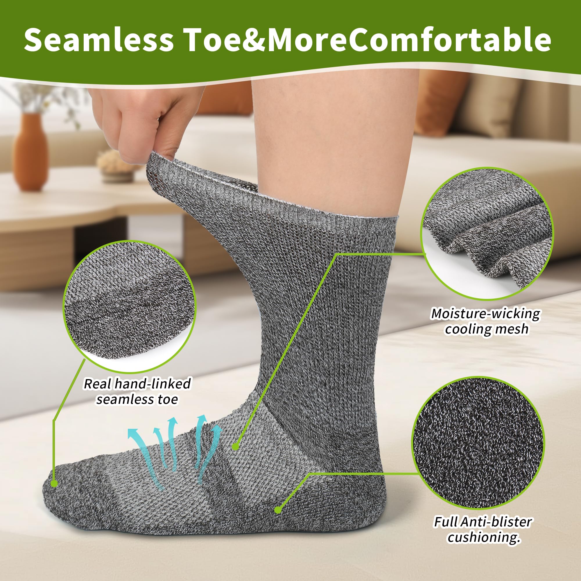 Revosoxs Diabetic Crew Socks for Men Women,Bamboo Viscose Non-Binding Loose Top Wide Socks with Seamless Toe 9-11 10-13（Dark B-Medium）