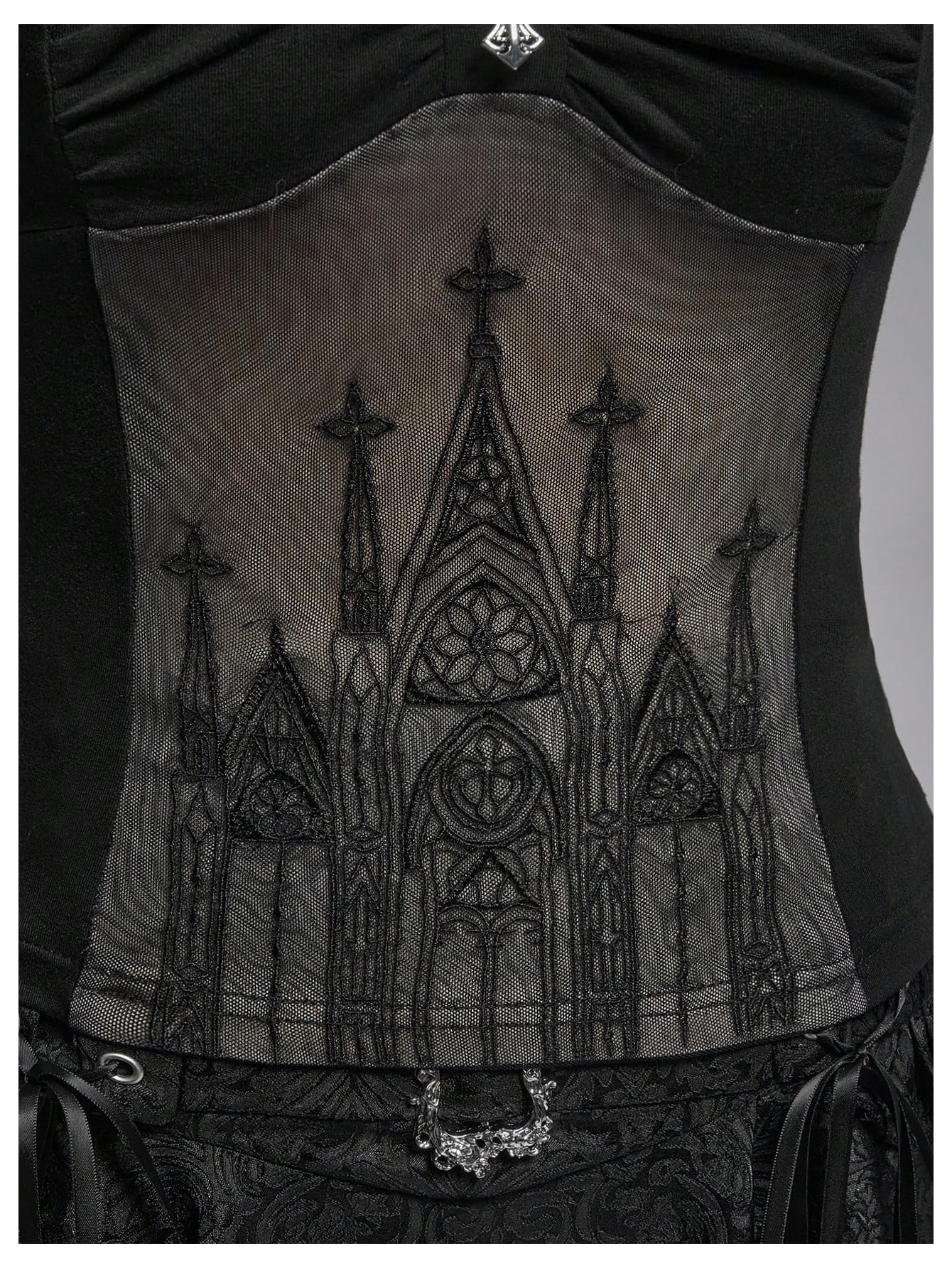 Verdusa Women's Gothic Graphic Sheer Mesh Camisole Tops Ruched Lace Y2K Going Out Tops Black Large