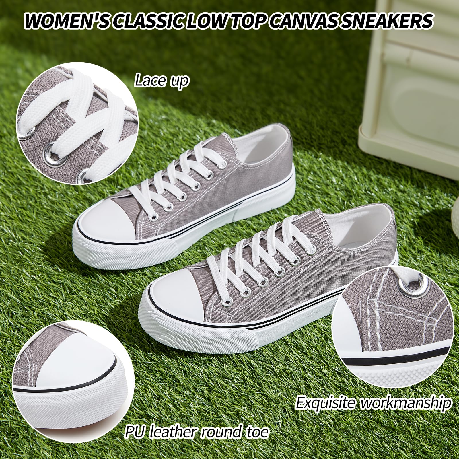 Adokoo Canvas Tennis Shoes for Women Low Top Casual White Black Sneakers for Women Lace Up Fashion Comfortable Walking Shoes (Grey,8.5)