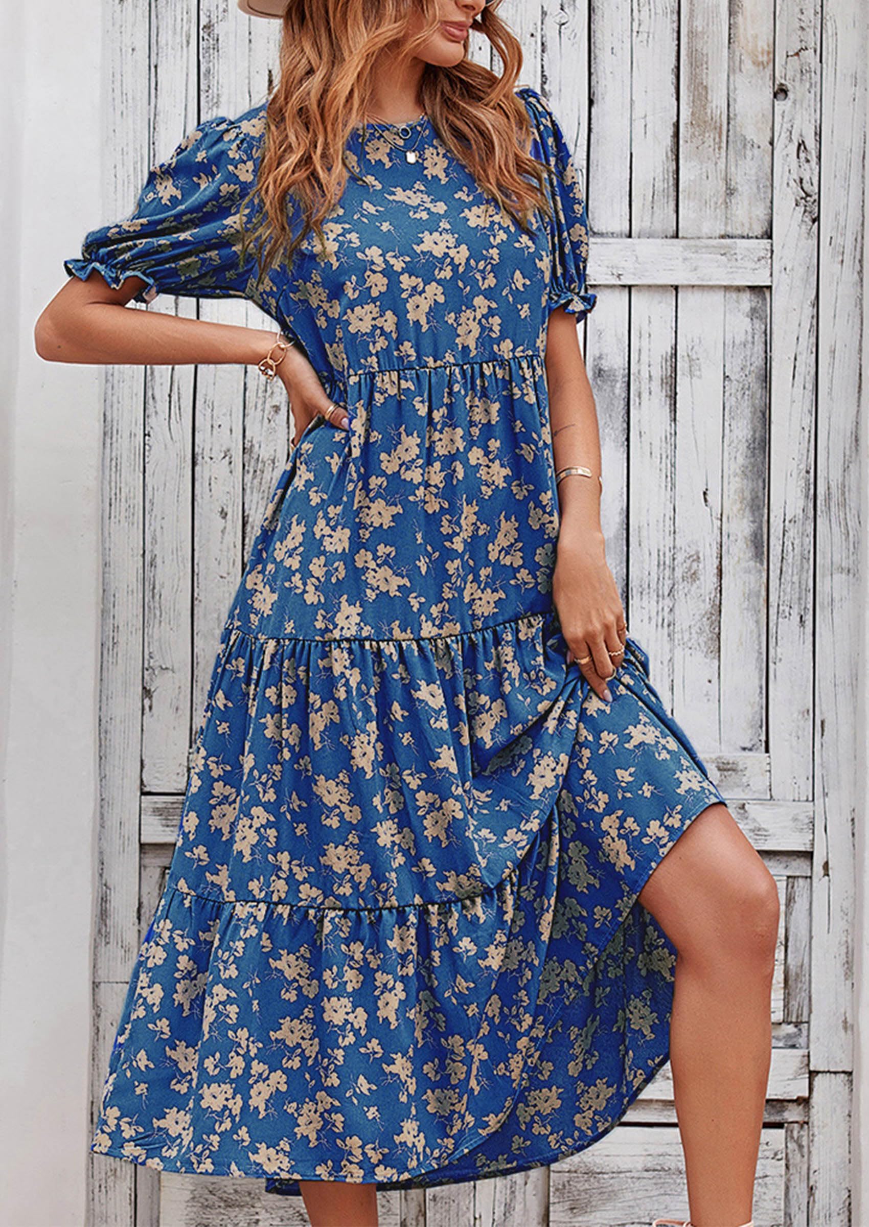 PRETTYGARDEN Summer Dresses for Women 2025 Casual Floral Boho Midi Sun Dress Puff Short Sleeve Flowy Beach Vacation Sundress (Blue Apricot,Medium)
