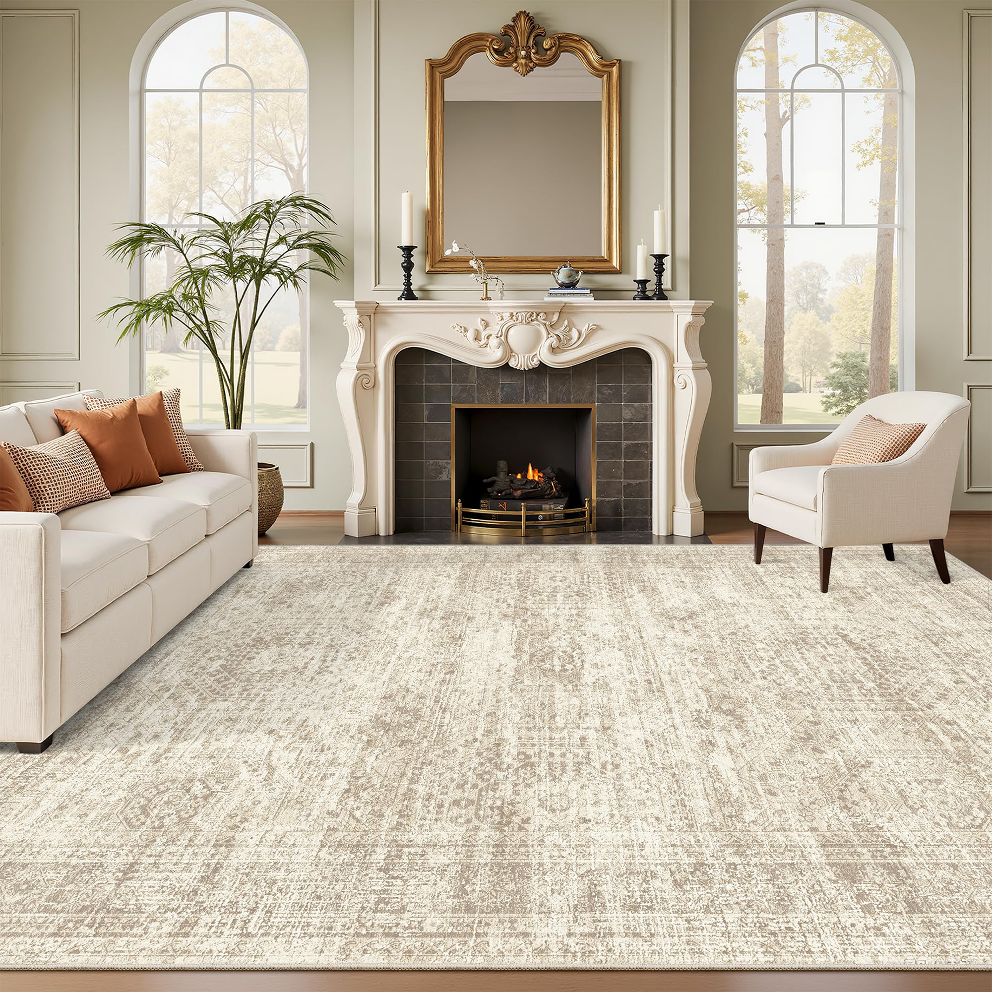 Soalmost Washable Area Rug 8x10, Large Soft Rugs for Living Room Vintage Beige Carpet 8x10 Area Rugs for Bedroom Dining Room Non-Slip Stain Resistant Under Table Rug