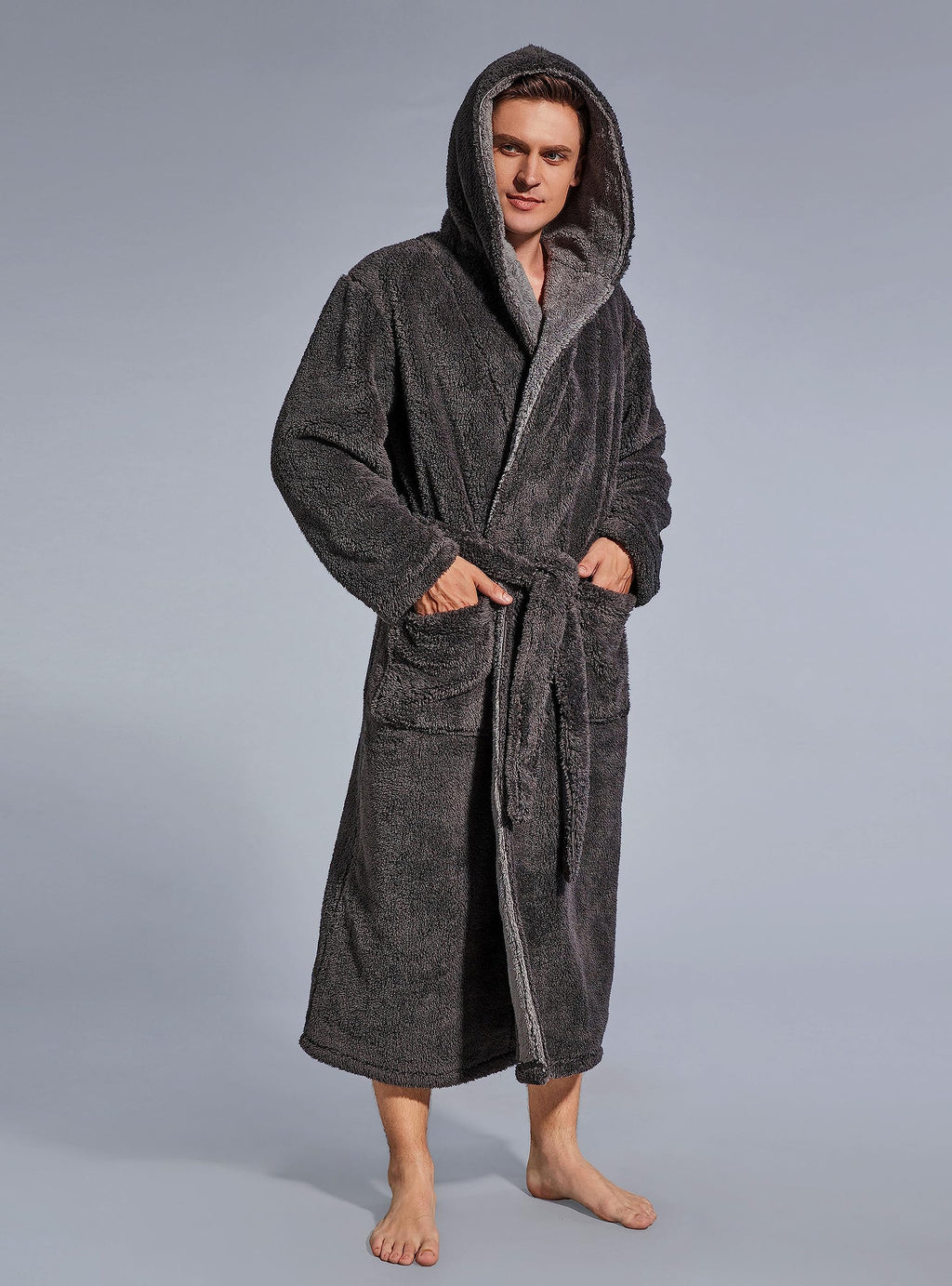 SlumberMee Mens Fleece Plush Robe with Hood Ultra Soft Fluffy Full Length Long with Pockets Luxurious House Coat (Dark Grey, L)