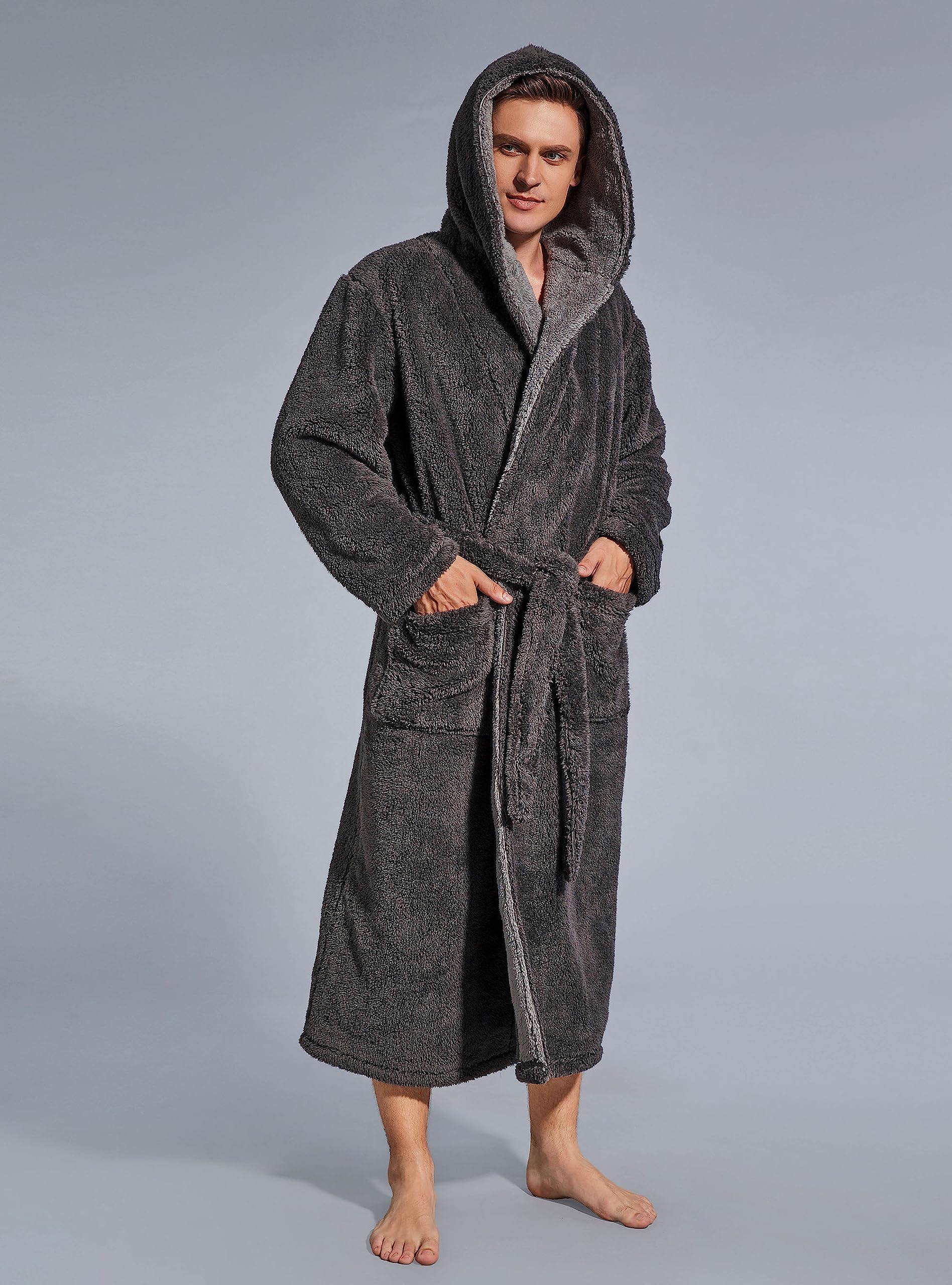 SlumberMee Mens Fleece Plush Robe with Hood Ultra Soft Fluffy Full Length Long with Pockets Luxurious House Coat (Dark Grey, L)