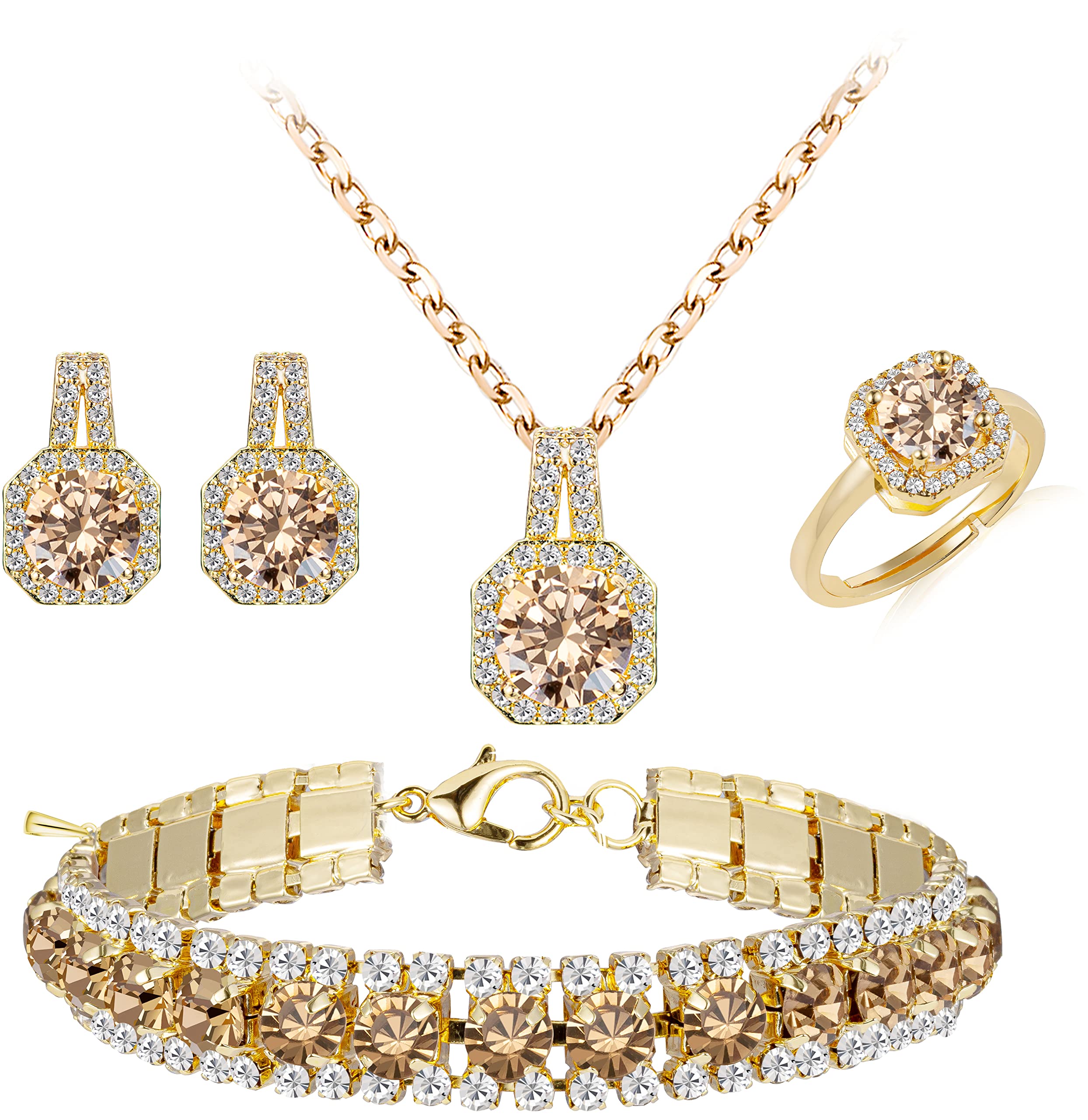 Paxuan 4pcs Cubic Zirconia Wedding Jewelry Sets for Bride Bridesmaid Cubic Zirconia Pendant Necklace Earrings Link Tennis Bracelet Open Ring Set for Women