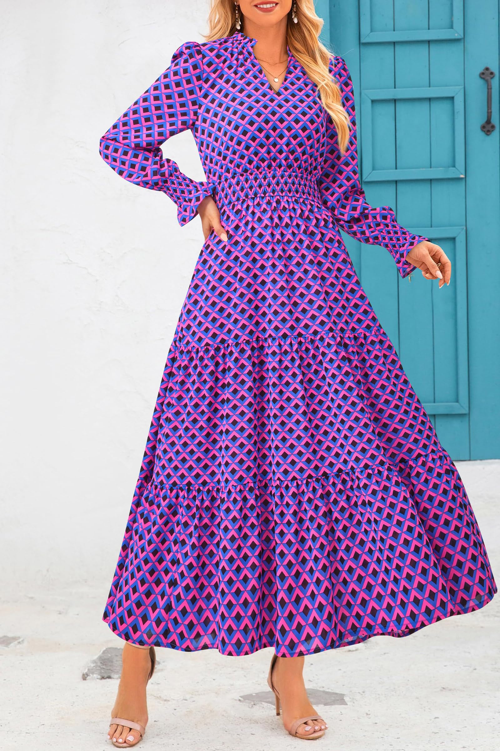 PRETTYGARDEN Women's Floral Maxi Dress 2026 Fall Long Sleeve V Neck A Line Long Flowy Spring Party Boho Dresses (Plaid Blue Pink,Large)