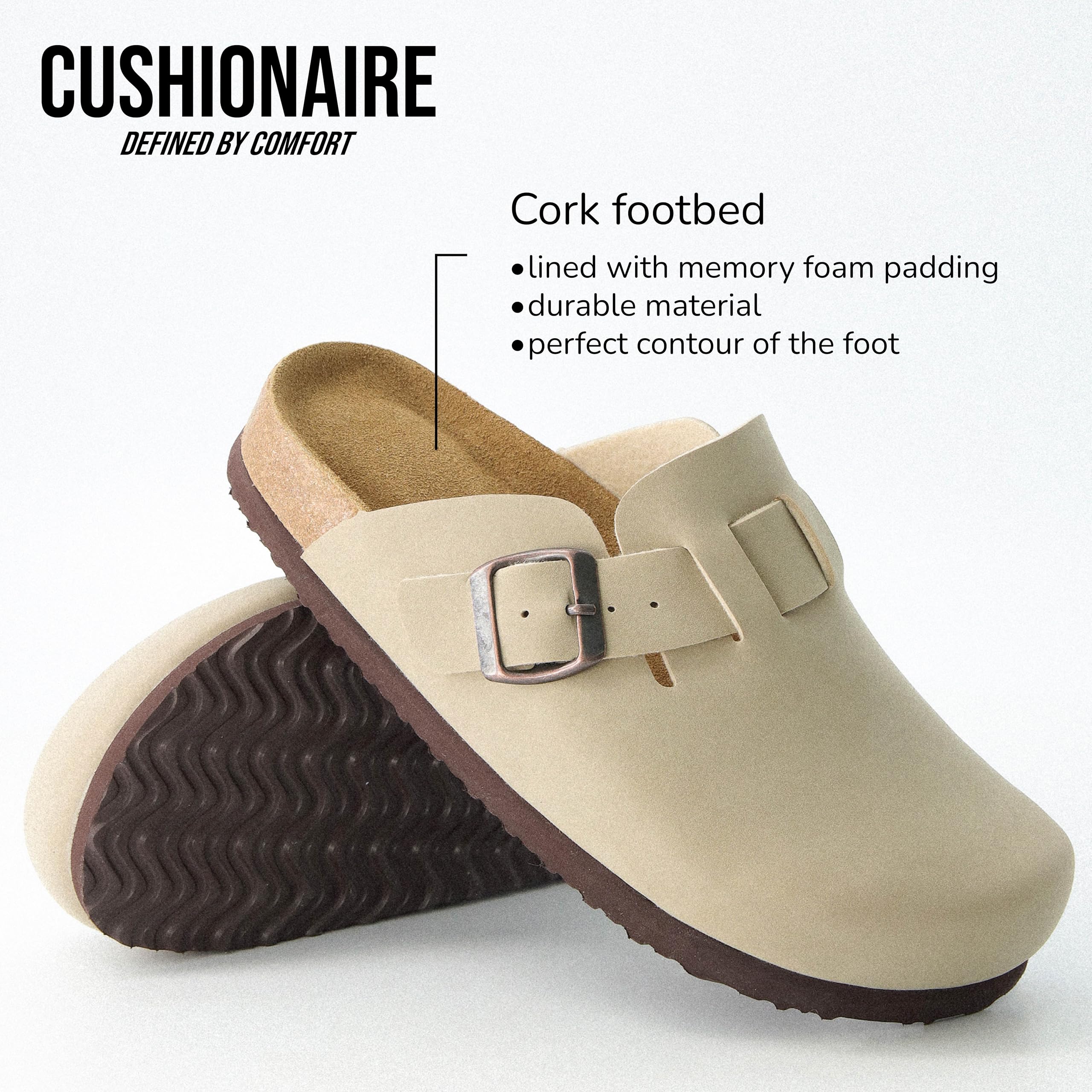 CUSHIONAIRE Hana Womens Clogs | Comfortable Vegan Suede Clogs for Women | Slip On Potato Shoes with Cork Footbed & Arch Support, Stone 7W