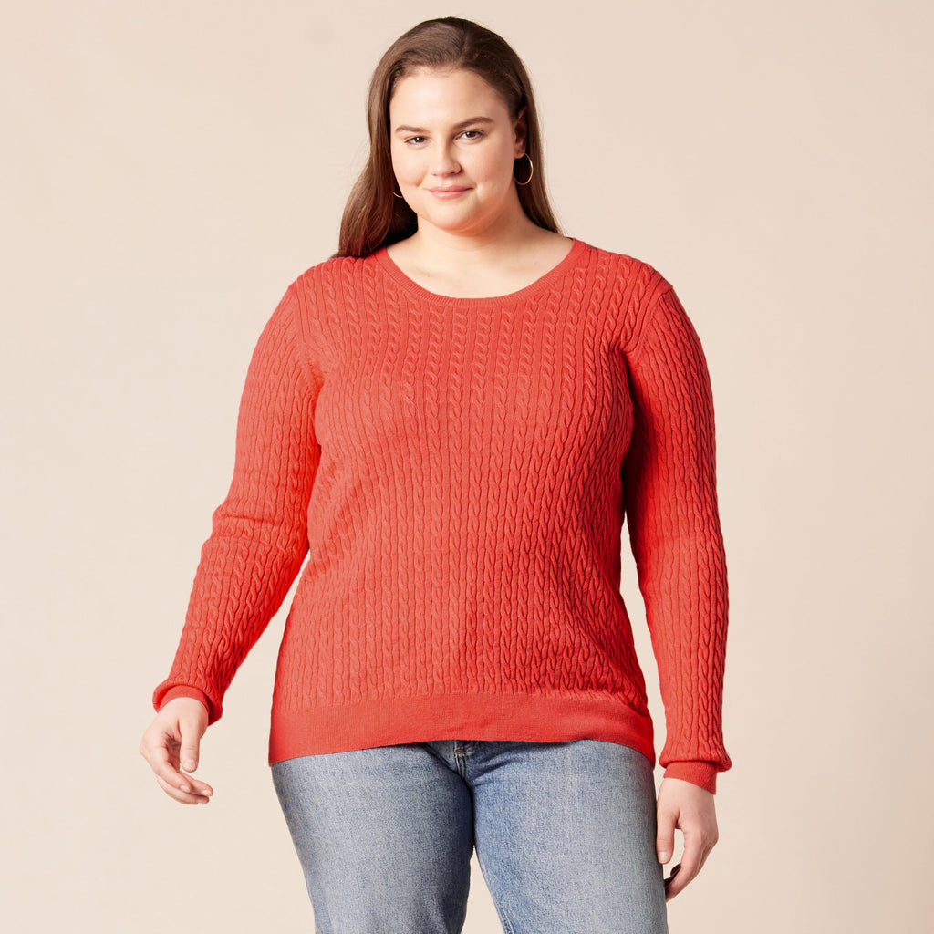Amazon Essentials Women's Lightweight Long-Sleeve Cable Crewneck Sweater (Available in Plus Size), Coral Pink, Large