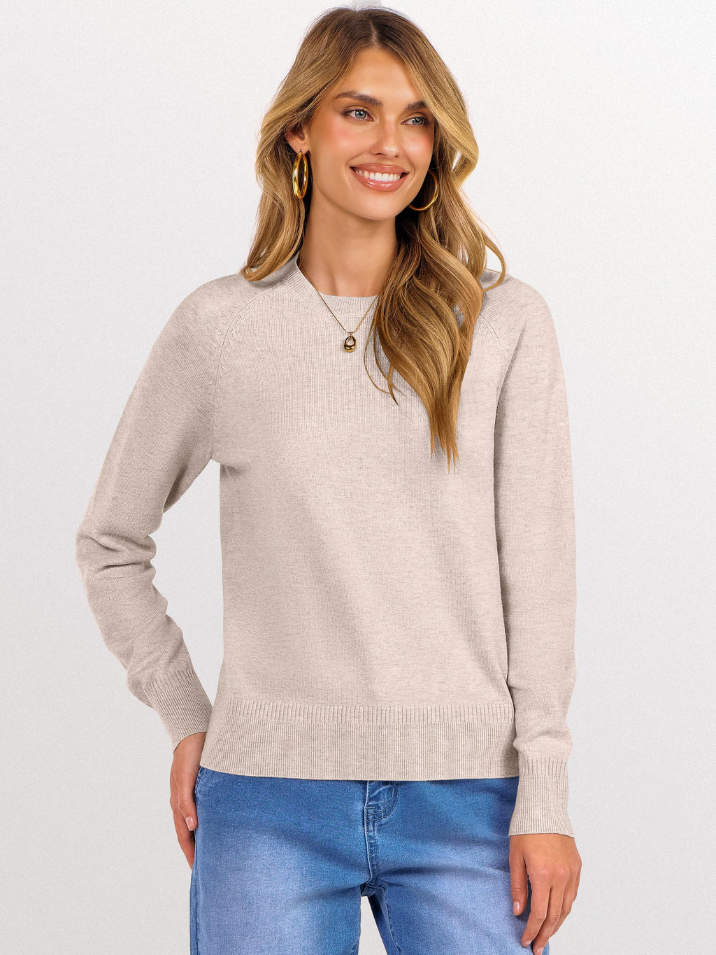 ANRABESS Sweaters for Women 2025 Long Sleeve Crewneck Loose Fit Lightweight Knit Basic Fall Sweater Outfits Almond S