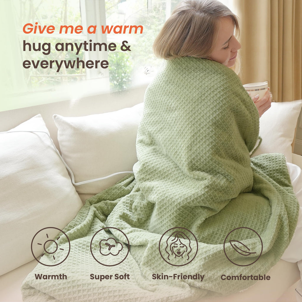 blunique Heated Blanket Electric Throw Waffle, 50x60 Inches Sherpa Fleece Fast Heating Blanket 6 Heating Levels & 4 Hours Auto Off ETL Certification, Sage Throw