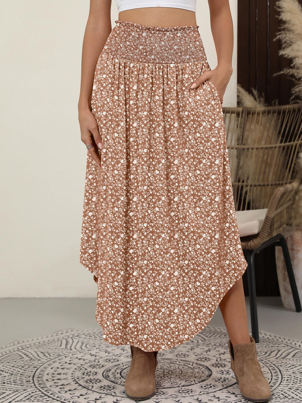 ANRABESS Women's Maxi Skirts Summer Boho Floral High Waisted Flowy Swing Pleated Beach Long Skirt with Pockets Brown Large