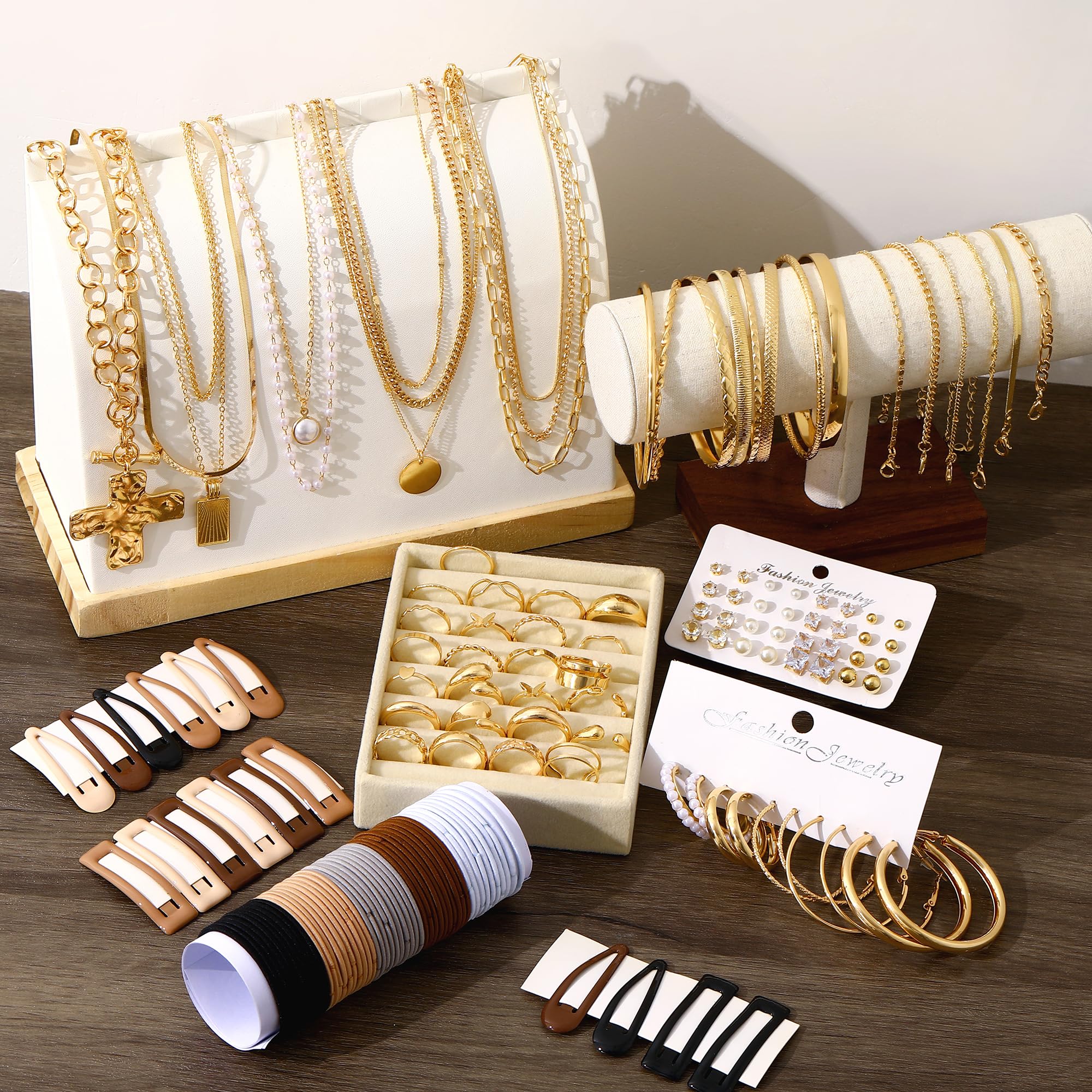 FANDY 137 Pieces Gold Jewelry Set for Women, 12 Necklace, 14 Bracelet, 21 Earrings, 24 Knuckle Rings, 66 Hair Accessory, Gold Jewelry for Women Gift