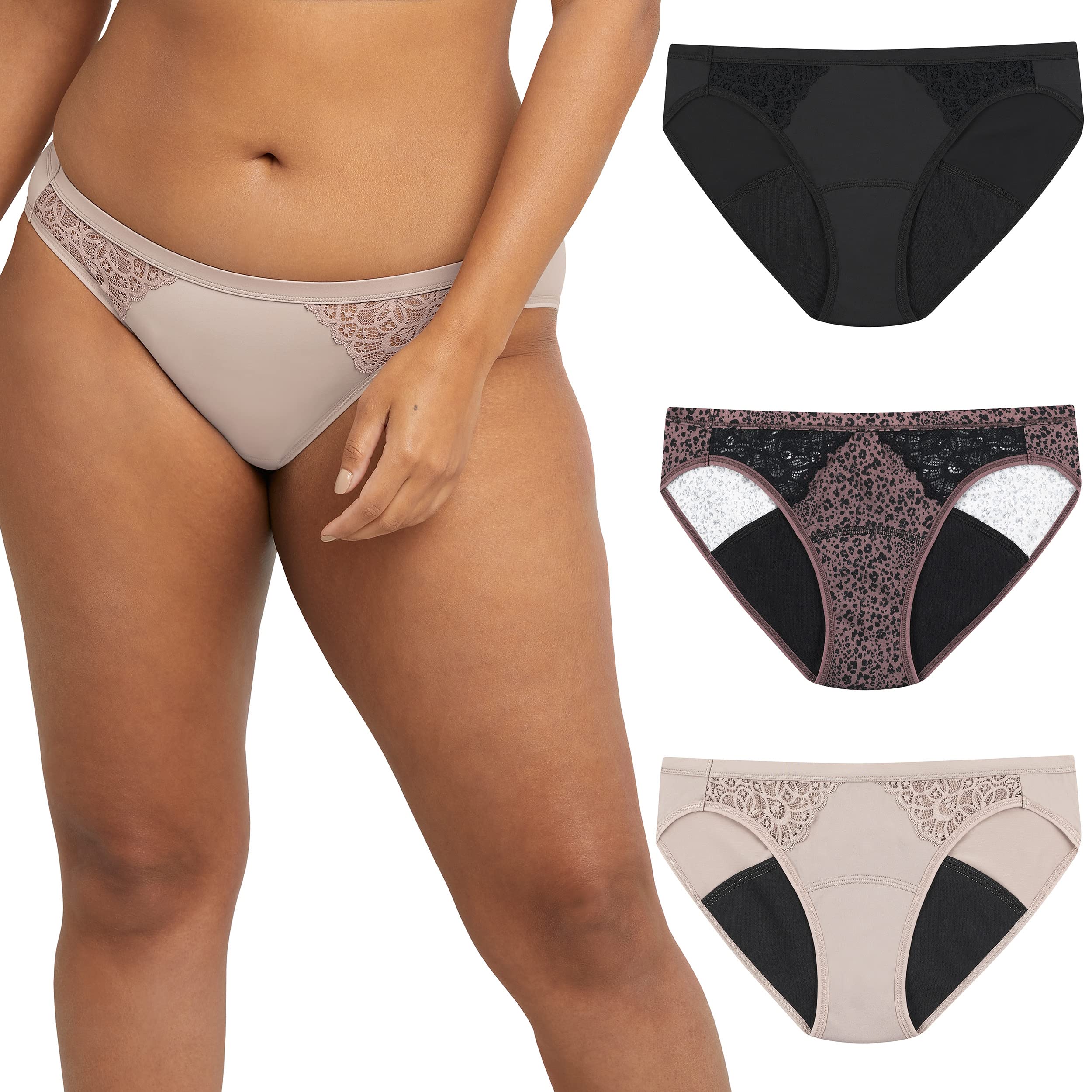 Maidenform Womens Moderate Protection Period Panties, Built-in Liner, Odor Guard, 3-pack Bikini Style Underwear, Black/Sparrow Brown Leopard/Evening Blush, Large US