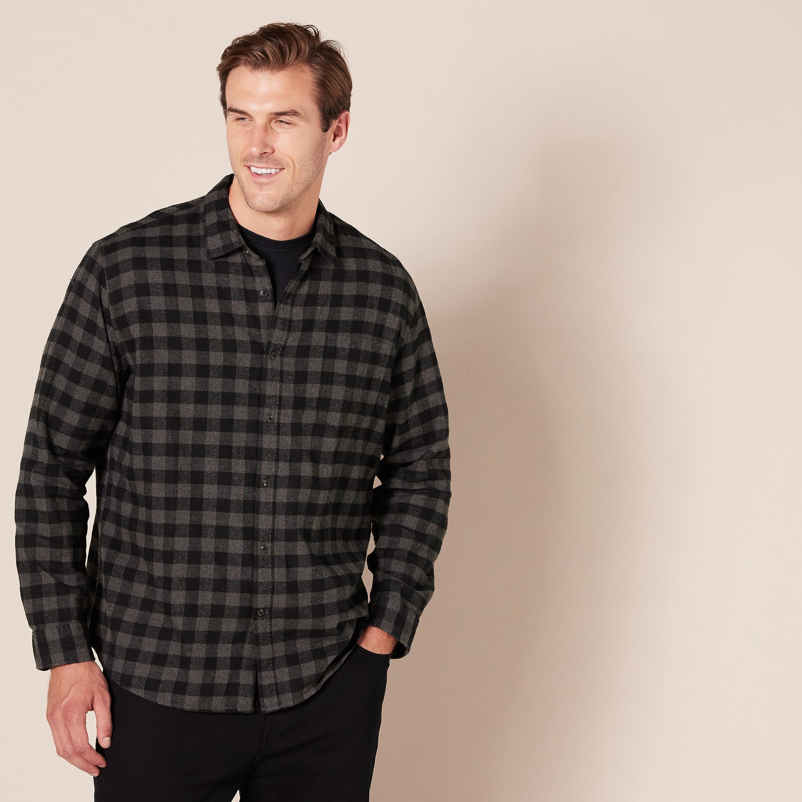 Amazon Essentials Men's Regular-Fit Long-Sleeve Flannel Shirt (Available in Big & Tall), Charcoal Buffalo Plaid, XX-Large