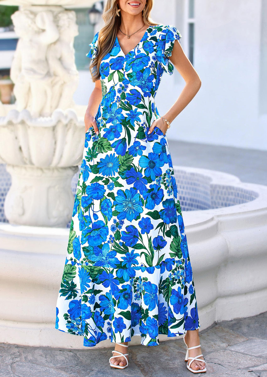 PRETTYGARDEN Spring Dresses for Women 2026 Summer Boho Floral Ruffle Short Sleeve Flowy Beach Wedding Guest Maxi Long Dress(Floral Blue,Large)