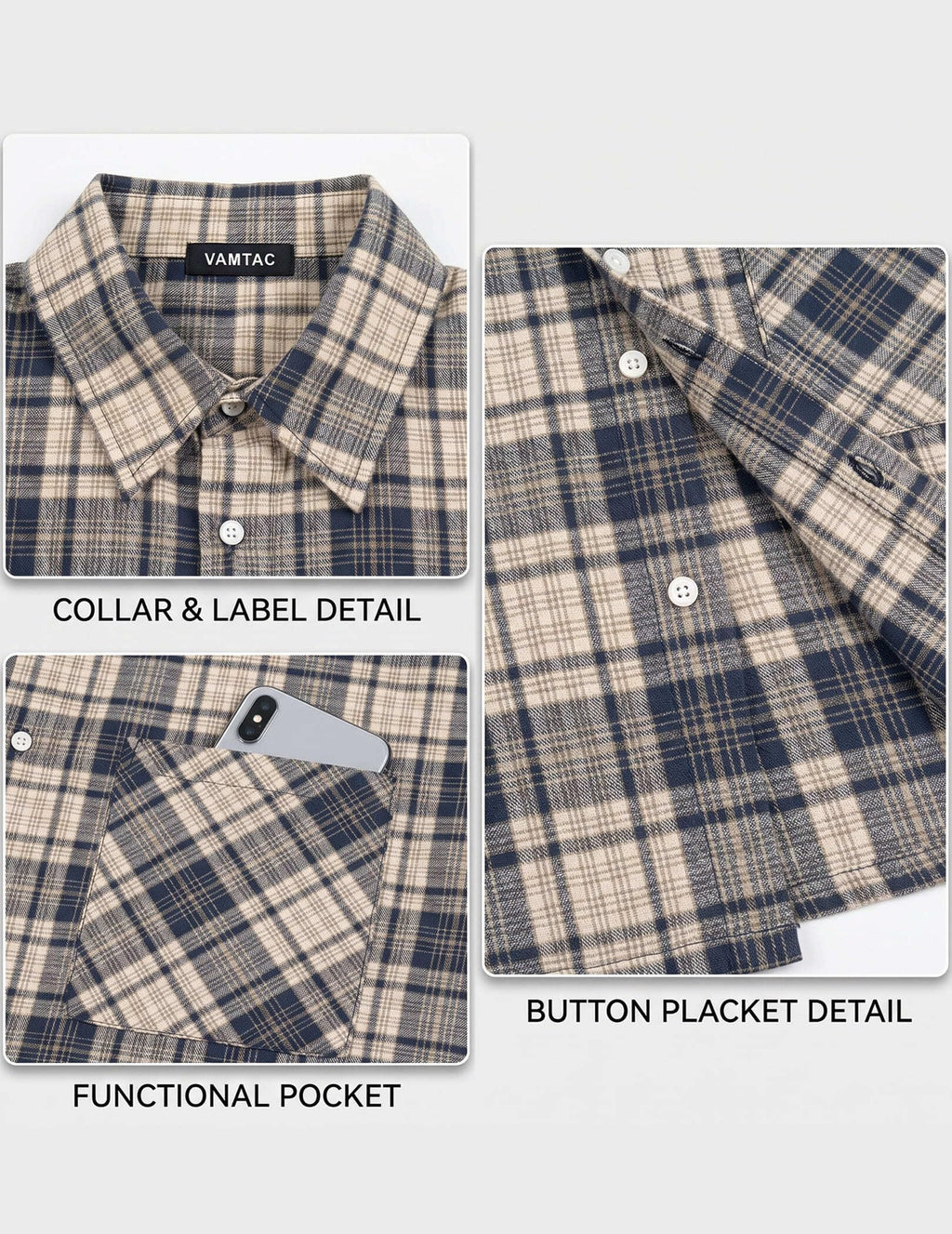 Mens Button Down Shirts - Short Sleeve Boxy Shirt, Plaid & Striped Tops Blue