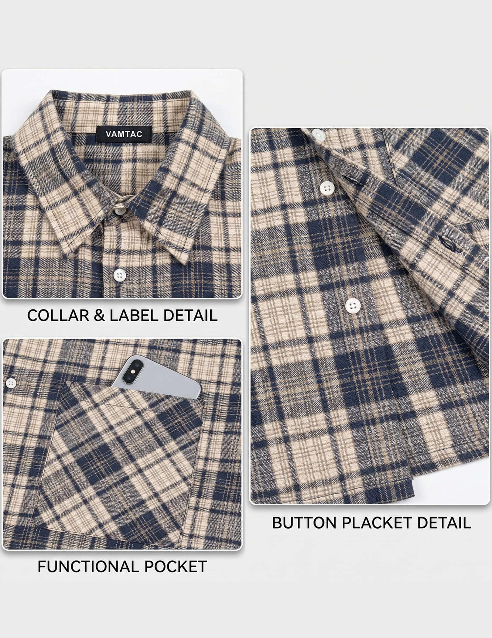 Mens Button Down Shirts - Short Sleeve Boxy Shirt, Plaid & Striped Tops Blue