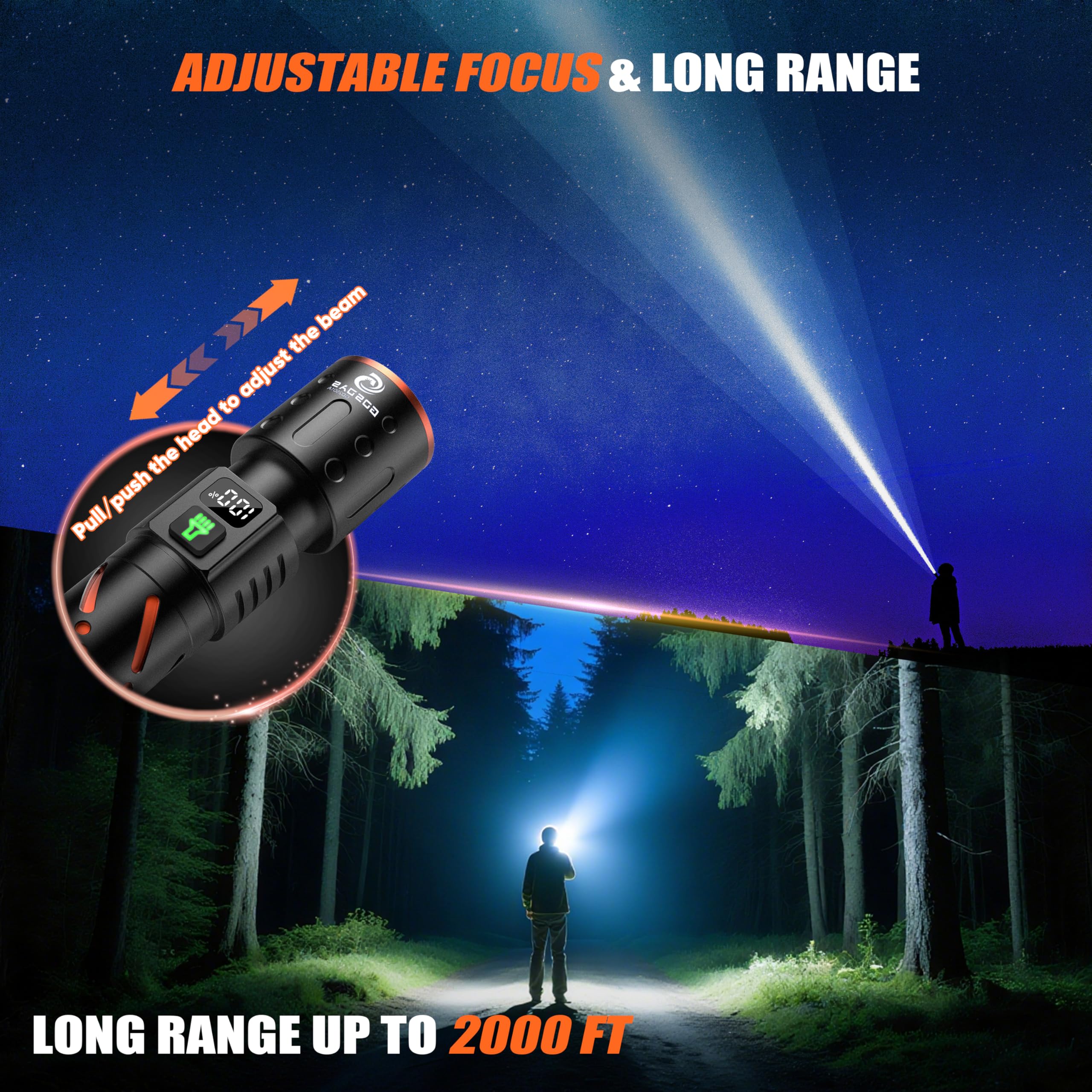 Gosdas Rechargeable Flashlights High Lumens 10000 2 Pack, Super Bright 30W LED, Long Lasting 12H, Single Click 3 Modes, Multifunctional USB C Input Output LCD Power Display, for Camping Hiking Home