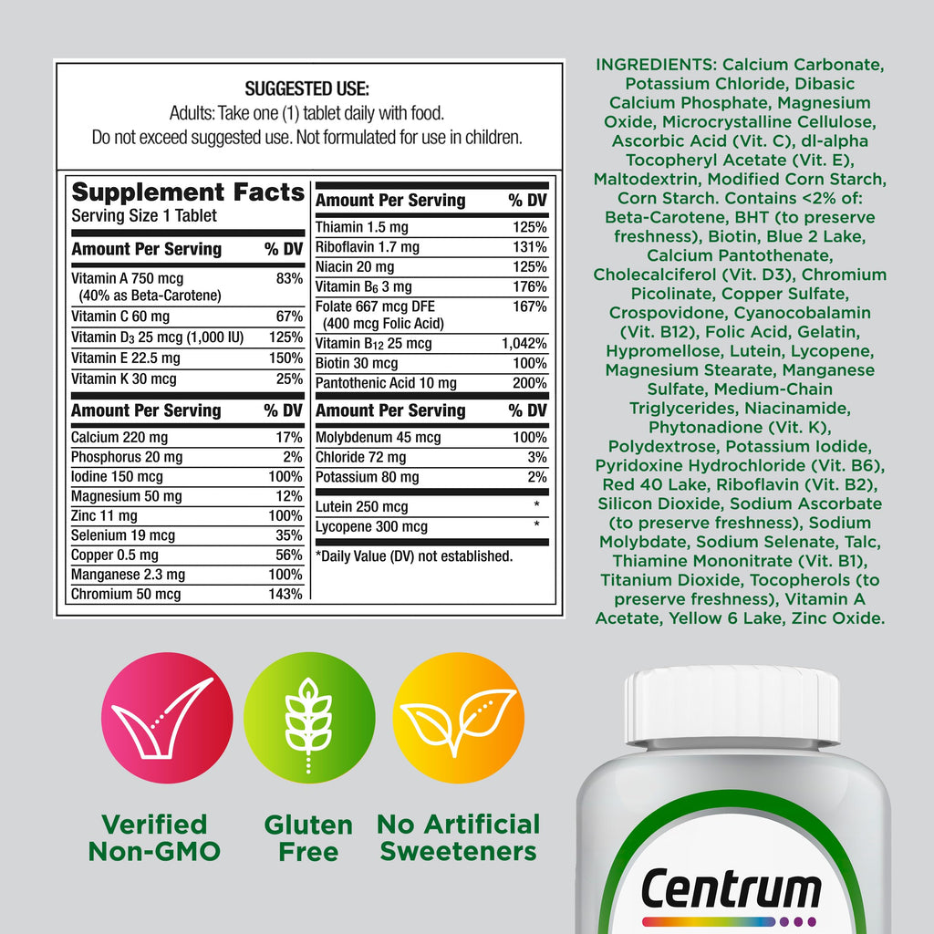 Centrum Silver Multivitamin for Adults 50 Plus, Multivitamin/Multimineral Supplement, Vitamin D3, B Vitamins, Gluten Free, Non-GMO Ingredients, Supports Memory and Cognition in Older Adults - 220 Ct