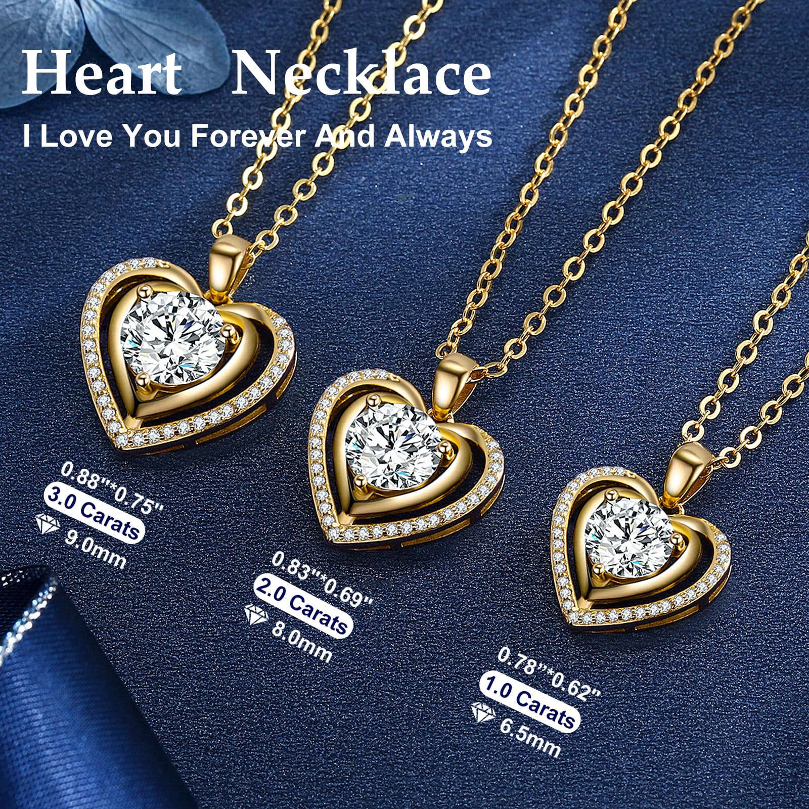 Heart Pendant Gold Necklace for Women Moissanite Lab-Created Gem I Love You Wedding Anniversary Birthday Christmas Valentine Engagements Mothers Day Jewelry for Wife Her Girlfriend Mom Daughter