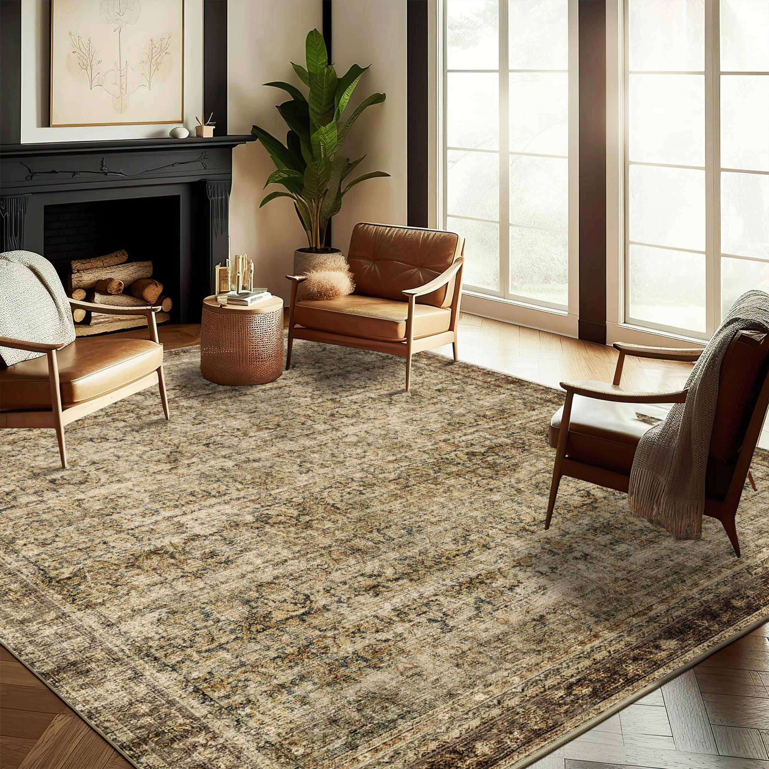 CHAMPLANT Area Rug 9x12 Washable Brown Vintage Traditional Mat Distressed Indoor Foldable Thin Retro Accent Floral Non Slip Carpet for Living Room Dining Room Office