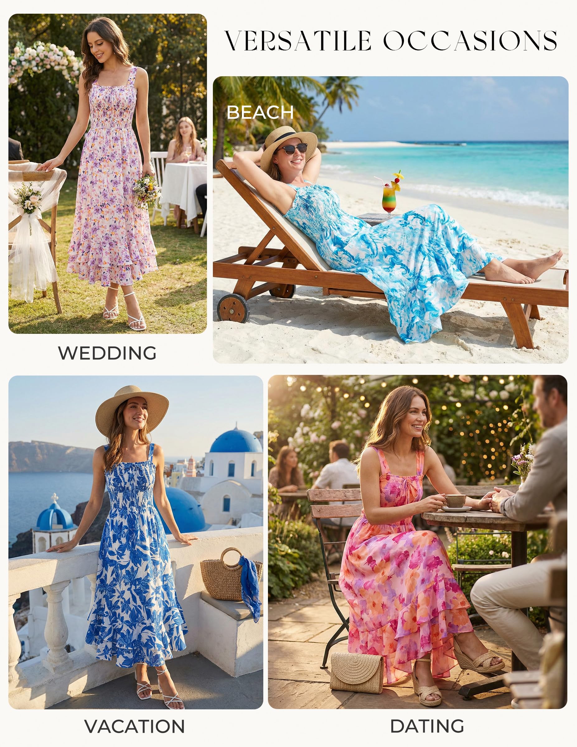 GRACE KARIN Women's 2026 Summer Floral Boho Dress Square Neck Strapped Swing A Line Sundress Beach Long Maxi Outfits White Green 2XL