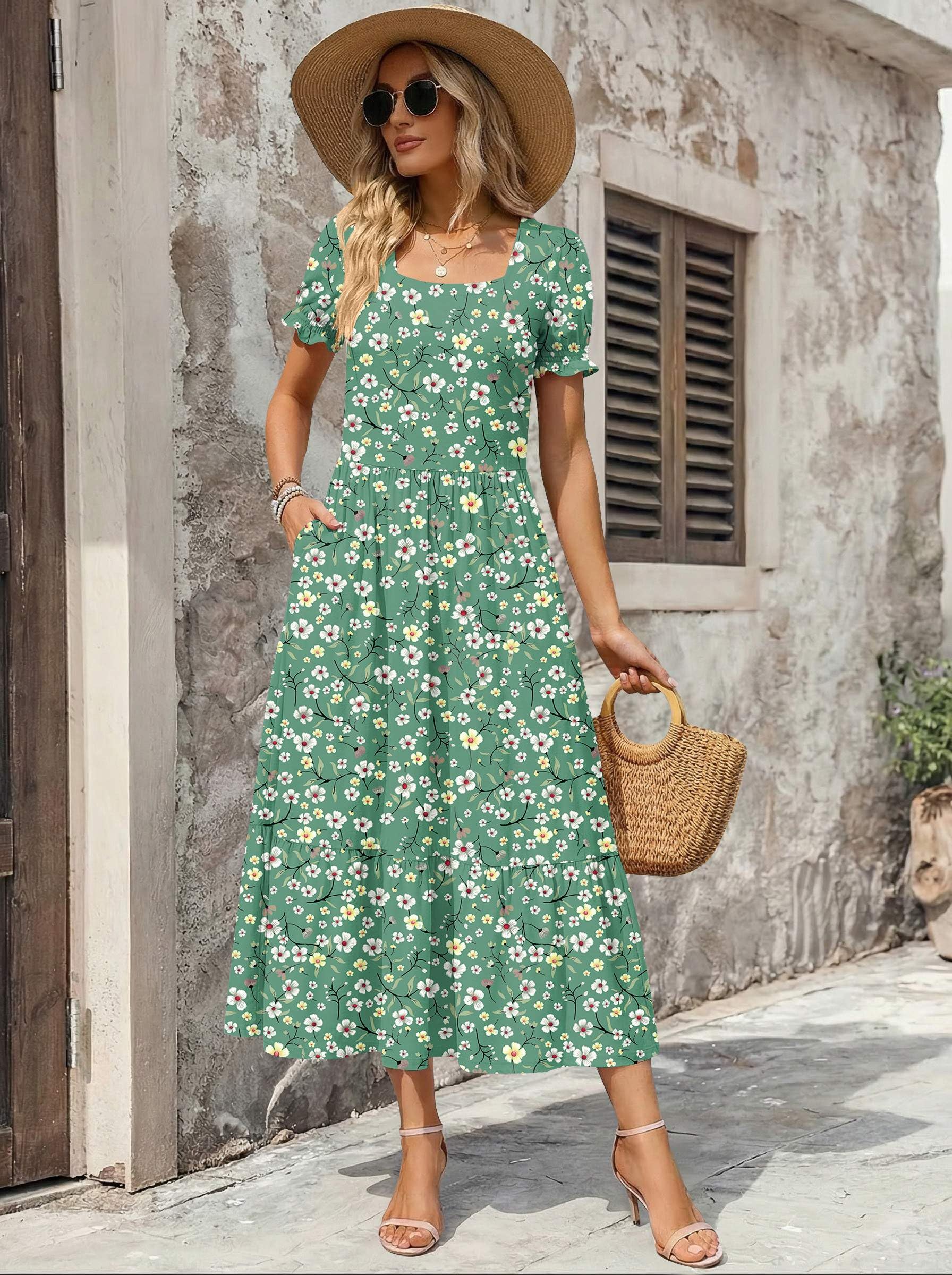 Zeagoo Plus Size Summer Dresses Short Sleeve Midi Dress Floral Sundresses for Beach Vacation Long Dress with Pockets Tiered Dresses XXL
