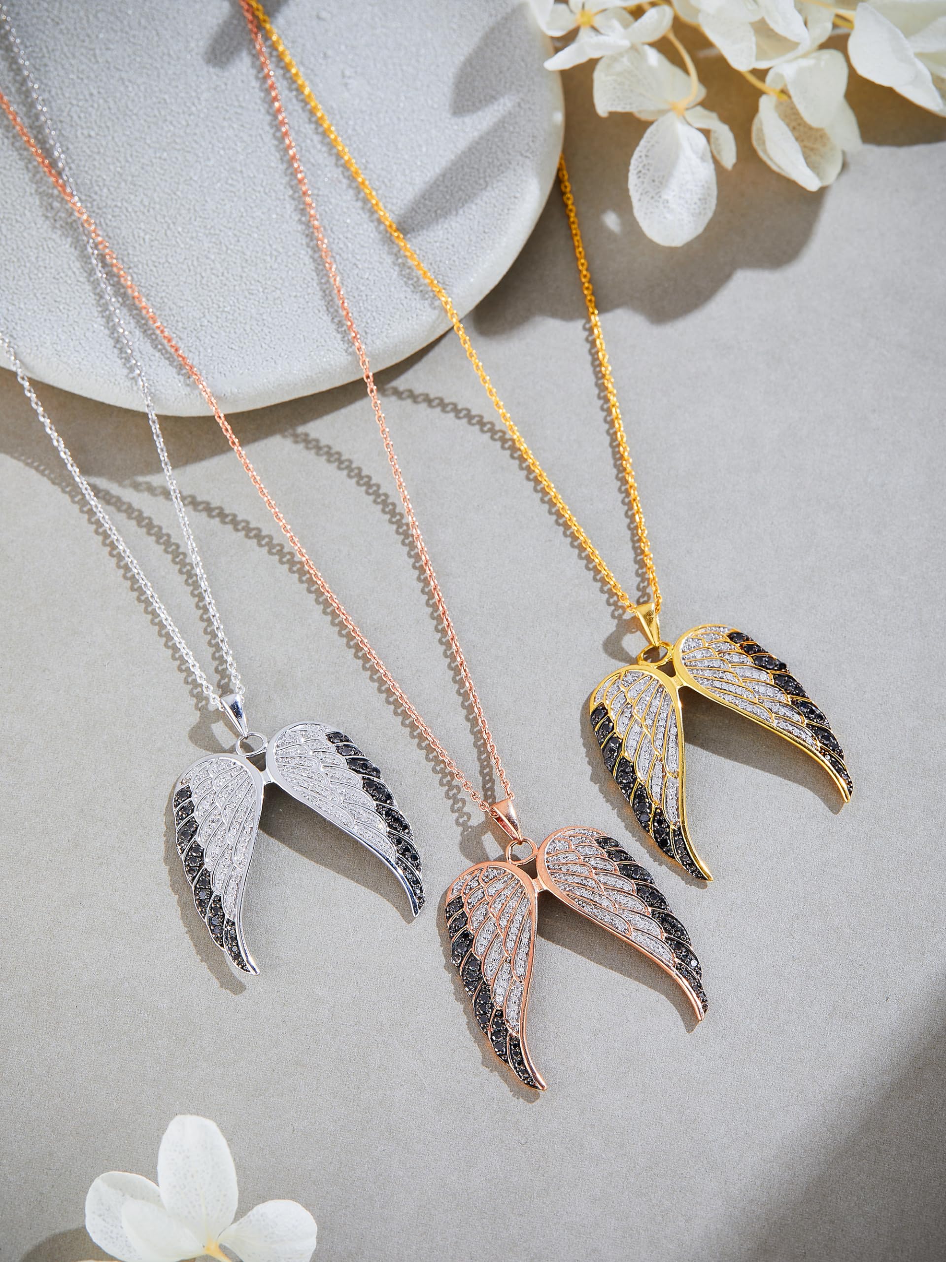 AFFY 1/2 Carat Round Cut White & Enhanced Black Natural Diamond Angel Wings Pendant Necklace In 14k Rose Gold Over Sterling Silver (0.50 Cttw) With 18" Chain