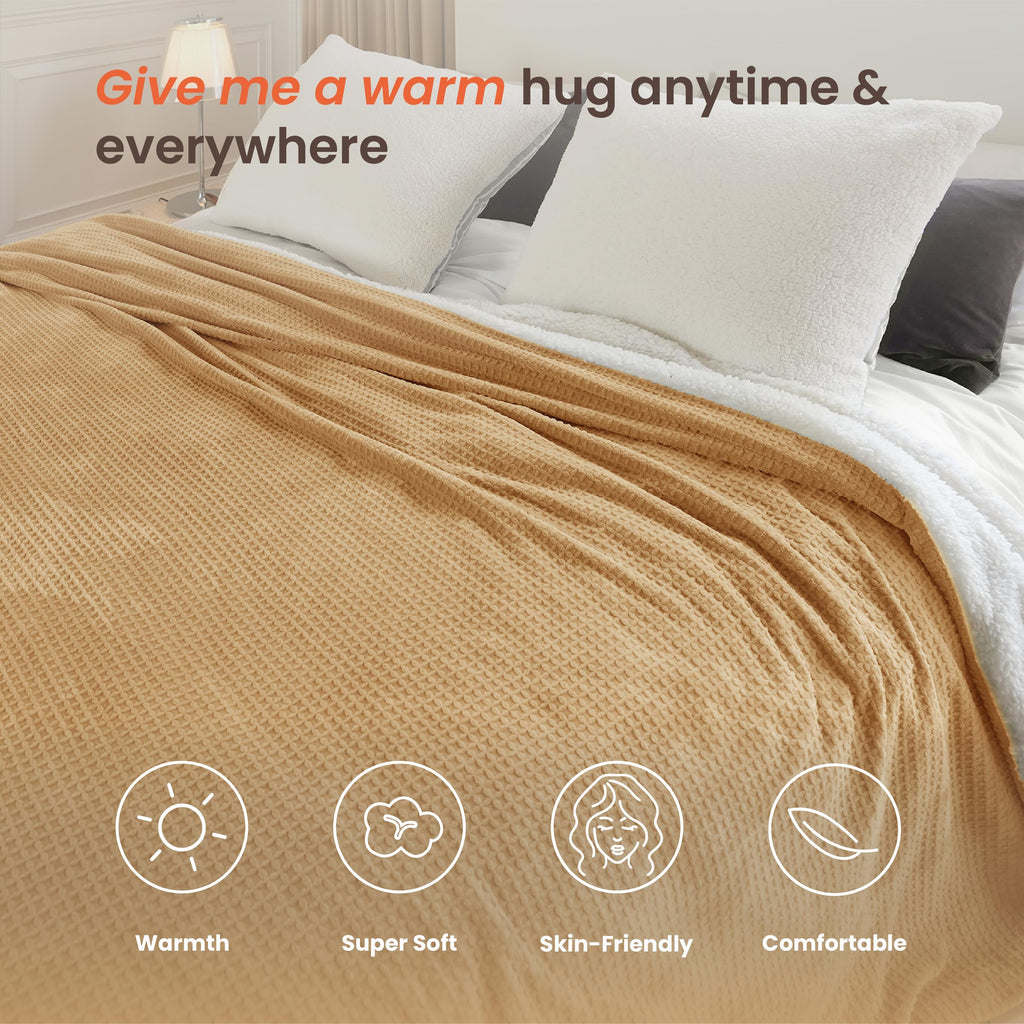blunique Heated Blanket Electric Blanket King Waffle, 90x100 Inches Dual Controllers Sherpa Fleece Fast Heating Blanket 6 Heating Levels & 10 Hours Auto Off ETL Certification, Caramel King